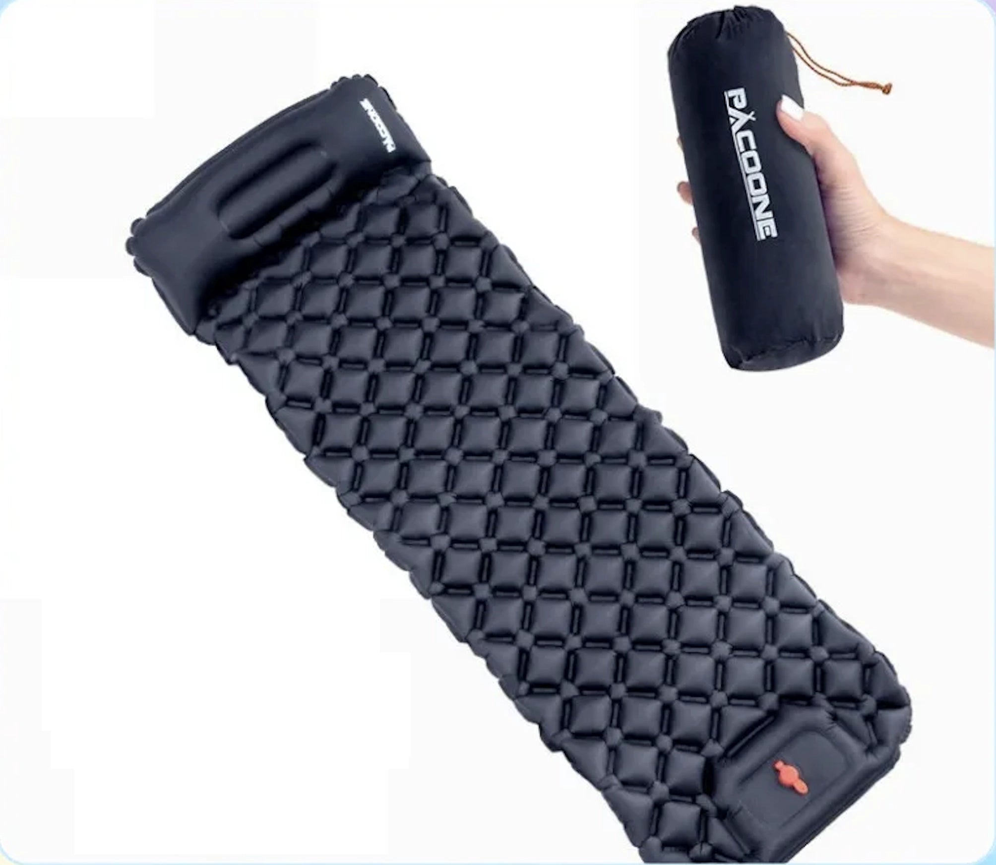 Ultralight inflatable camping mat with honeycomb cells in electric blue, shown compact and waterproof.