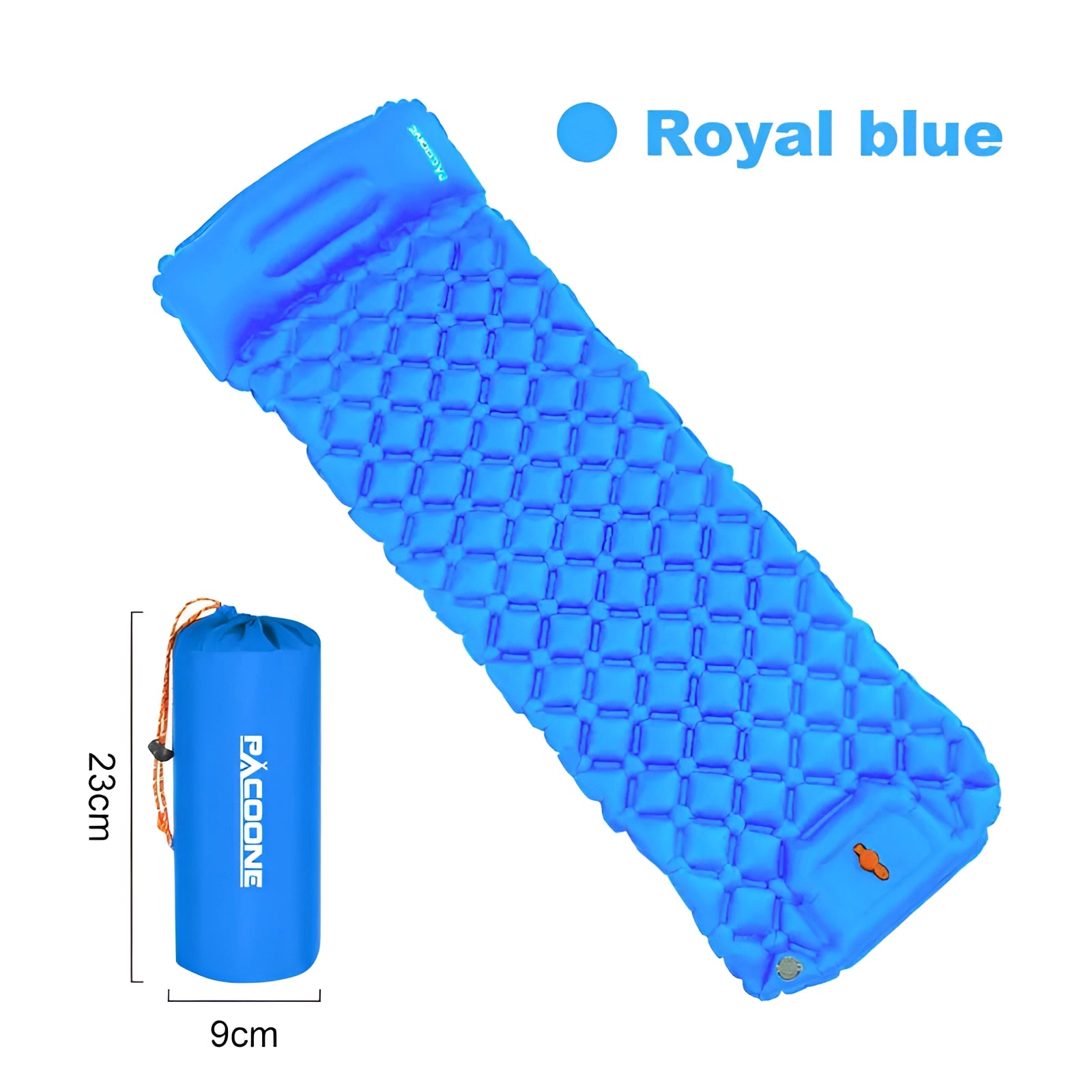 Ultralight Inflatable Camping Mat in electric blue with honeycomb cells design, shown compact and waterproof, featuring a logo on the surface.