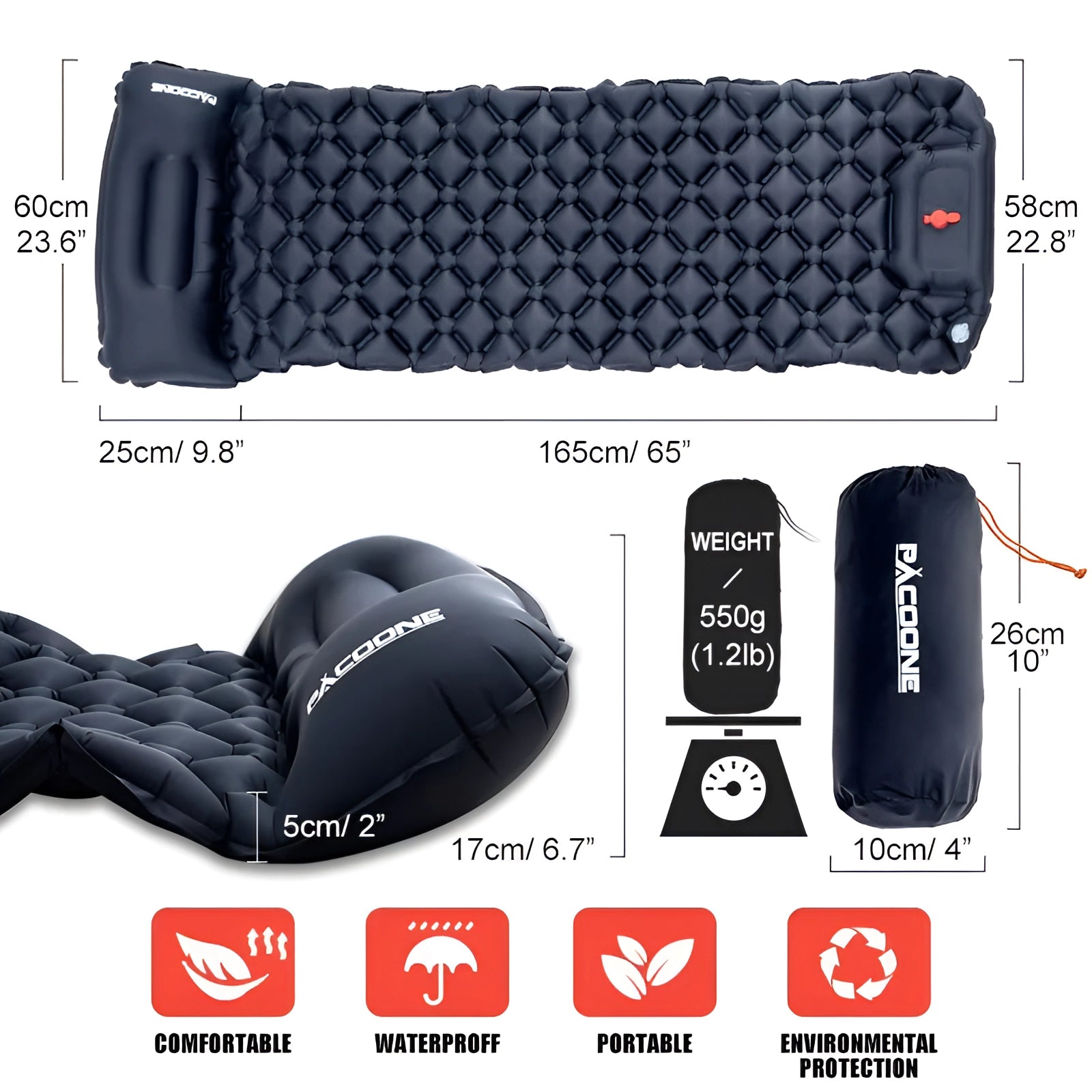 Ultralight inflatable camping mat with honeycomb cells, compact and waterproof, shown fully inflated and placed on the ground.