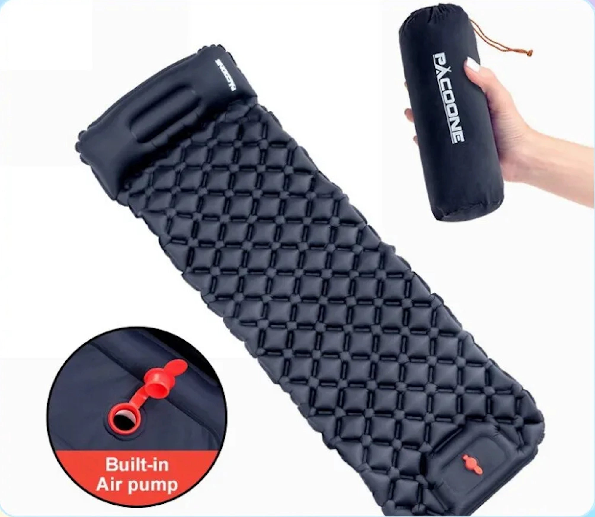 Ultralight inflatable camping mat with honeycomb cells, compact, waterproof, shown rolled up.