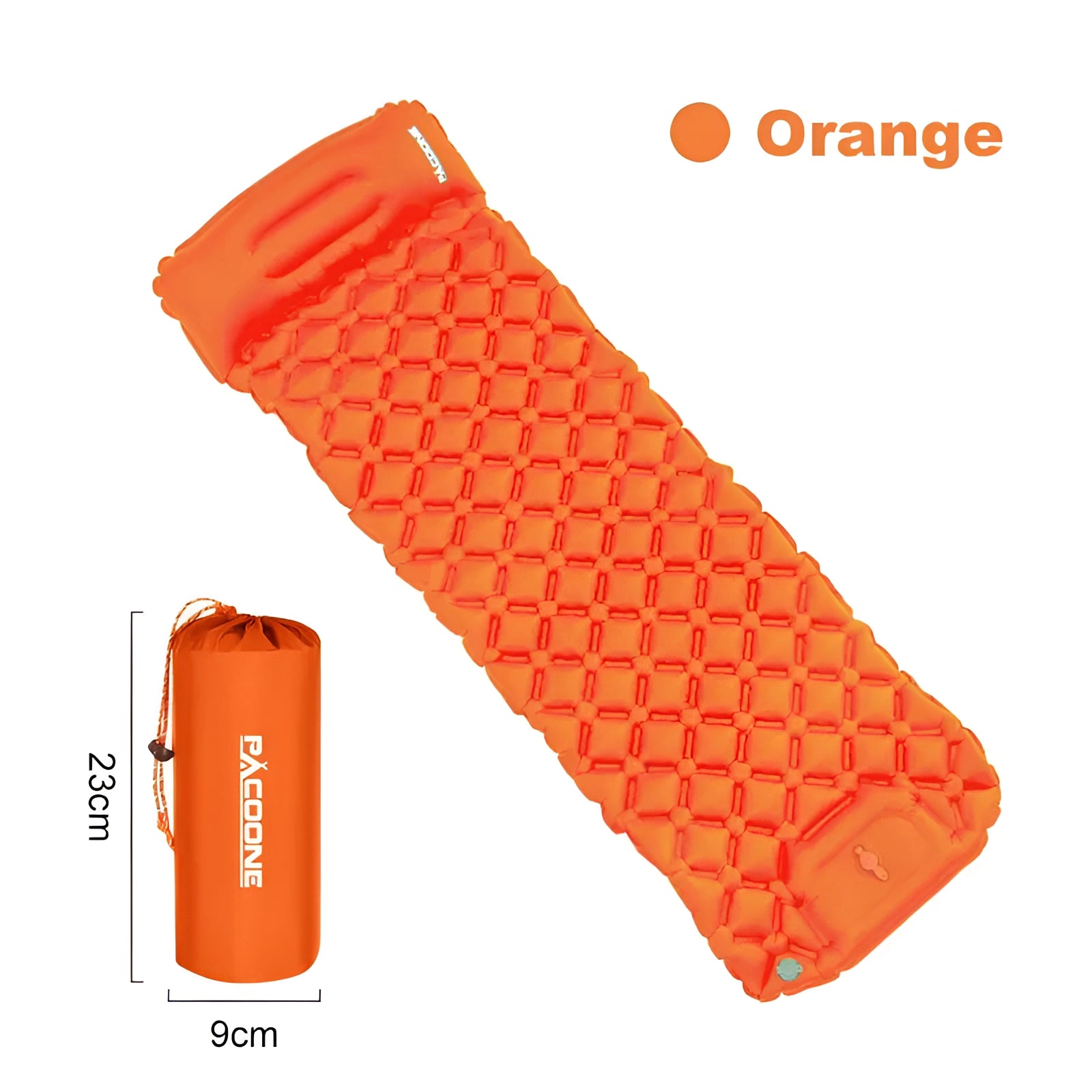 Ultralight Inflatable Camping Mat in red, featuring honeycomb cells design, compact and waterproof, rolled into a cylinder with visible branding and logo.