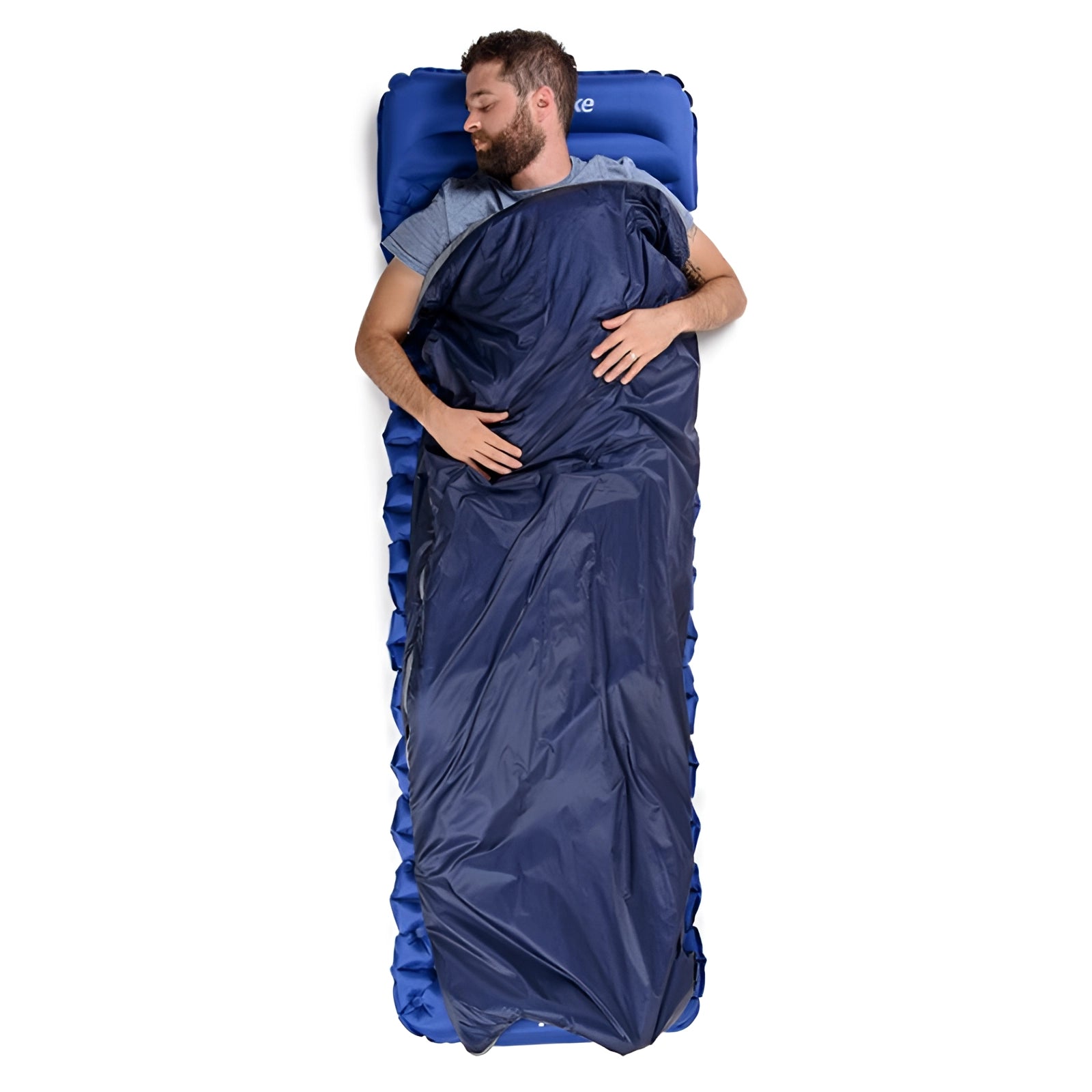 Ultralight LW180 Compact Lightweight Backpacking Sleeping Bag - Insulated, shown with a person wearing it, displaying its snug fit and lightweight design, suitable for backpacking and outdoor sports.