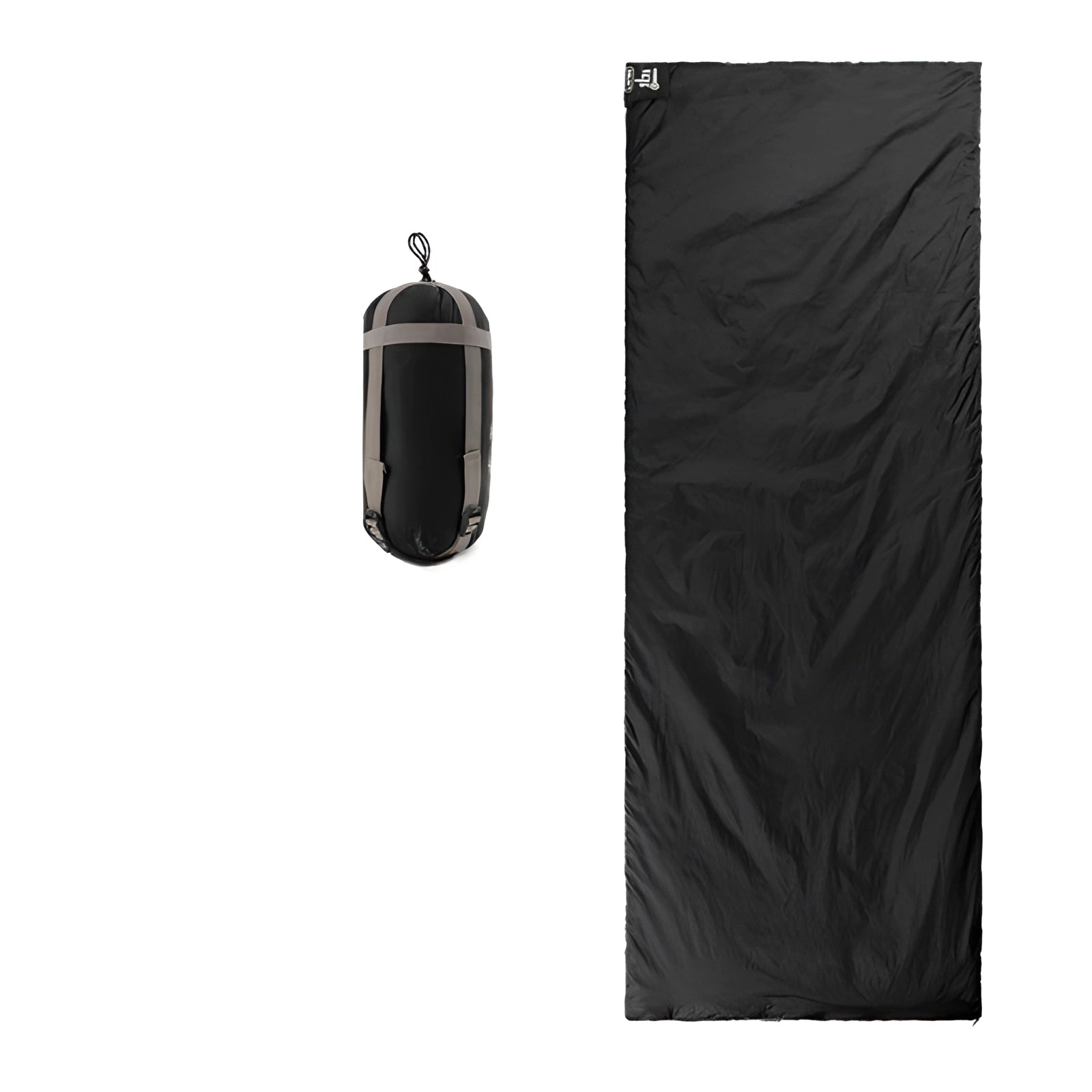 Ultralight LW180 Compact Lightweight Backpacking Sleeping Bag in black, size L, shaped in a rectangular form, shown in a compact and neatly folded state.