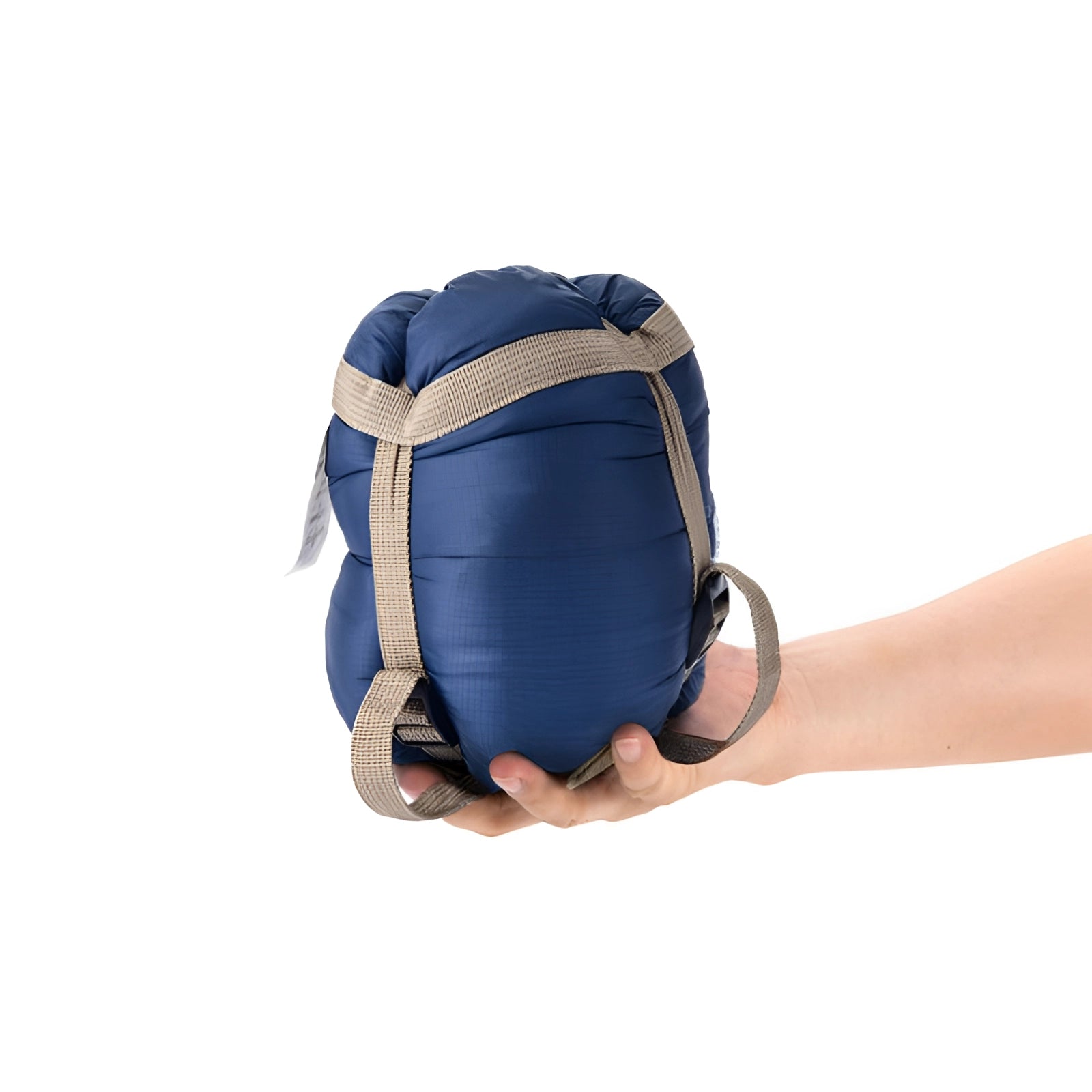 Ultralight LW180 compact lightweight backpacking sleeping bag in electric blue with adjustable straps, shown rolled up for easy transport.