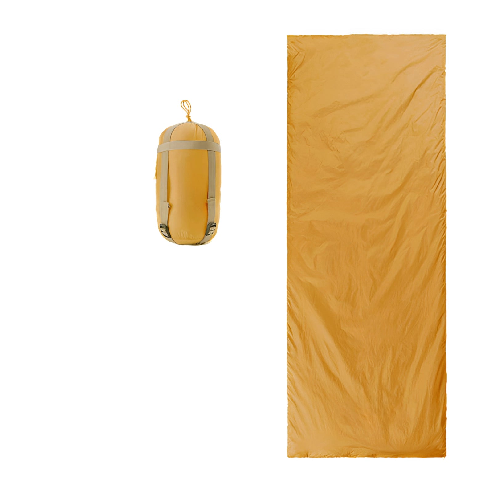 Ultralight LW180 Compact Lightweight Backpacking Sleeping Bag in Yellow, size L, displayed on a beige wooden surface with branding visible.