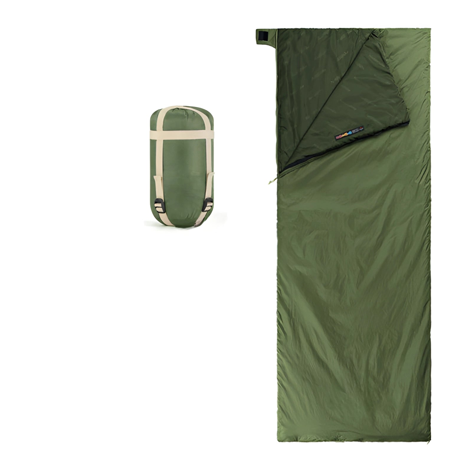 Ultralight green LW180 compact lightweight backpacking sleeping bag laid out next to a tent and a car.