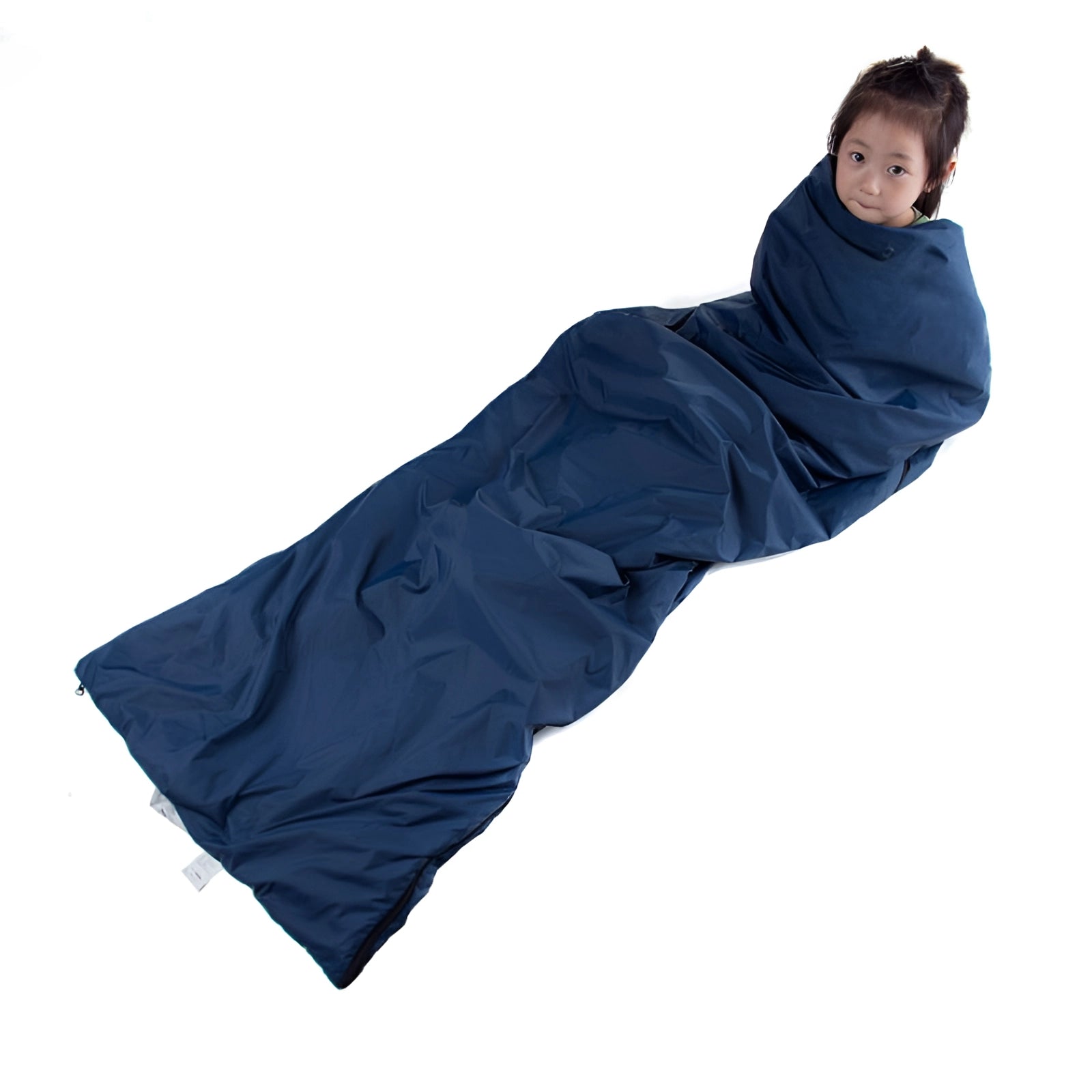 A person wrapped in an electric blue insulated sleeping bag, showcasing its compact and lightweight design for backpacking.