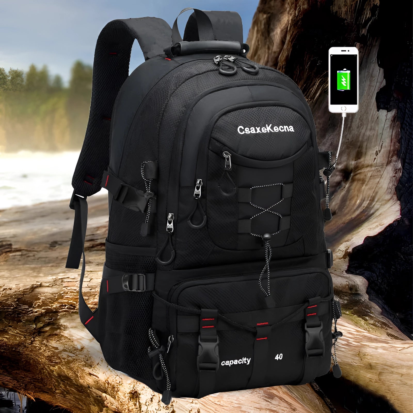 A 40L waterproof tactical backpack designed for outdoor adventures, featuring USB charging capability, placed on rocky terrain near water.