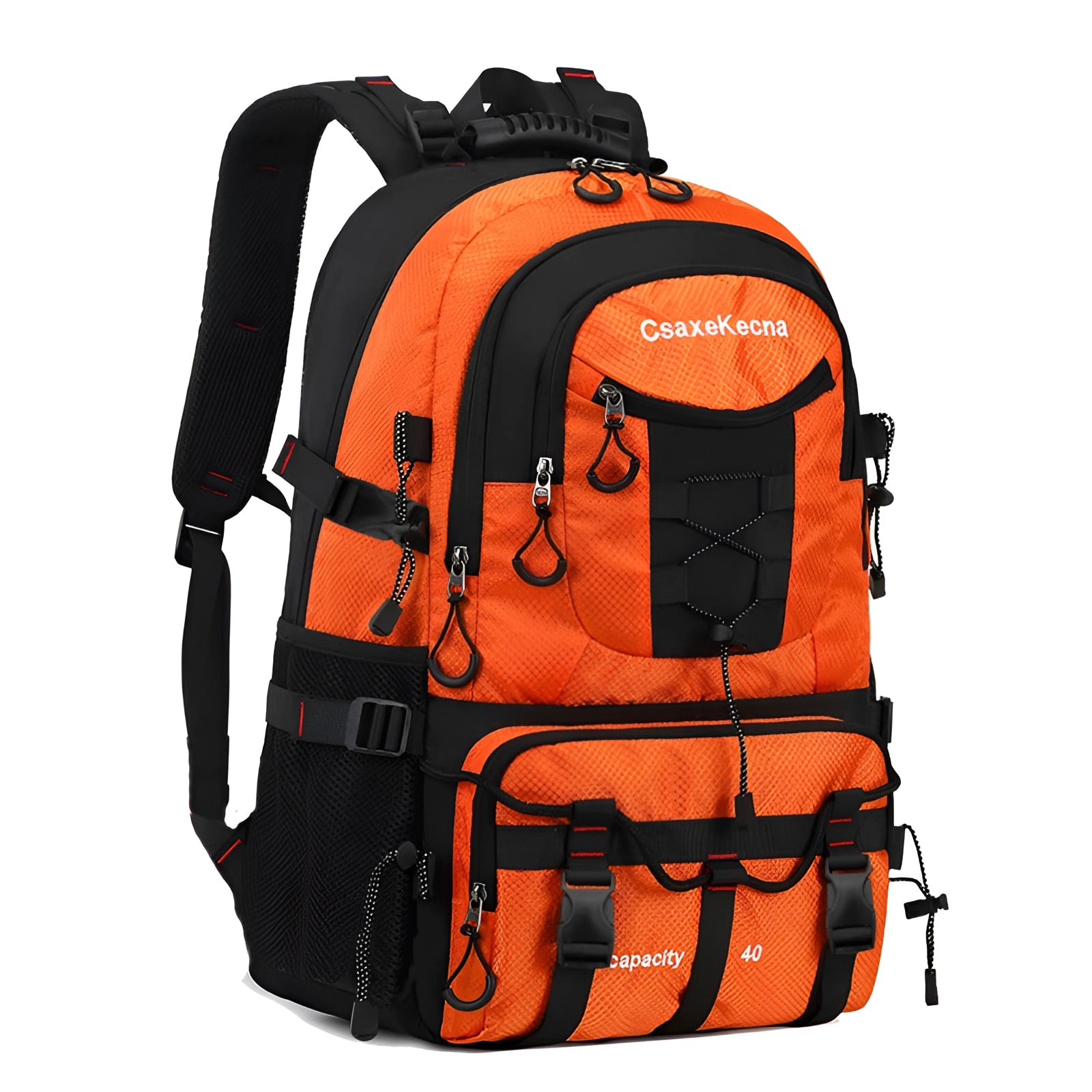 Orange USB Charging 40L Waterproof Tactical Backpack for Outdoor Adventures with multiple compartments and sturdy straps.