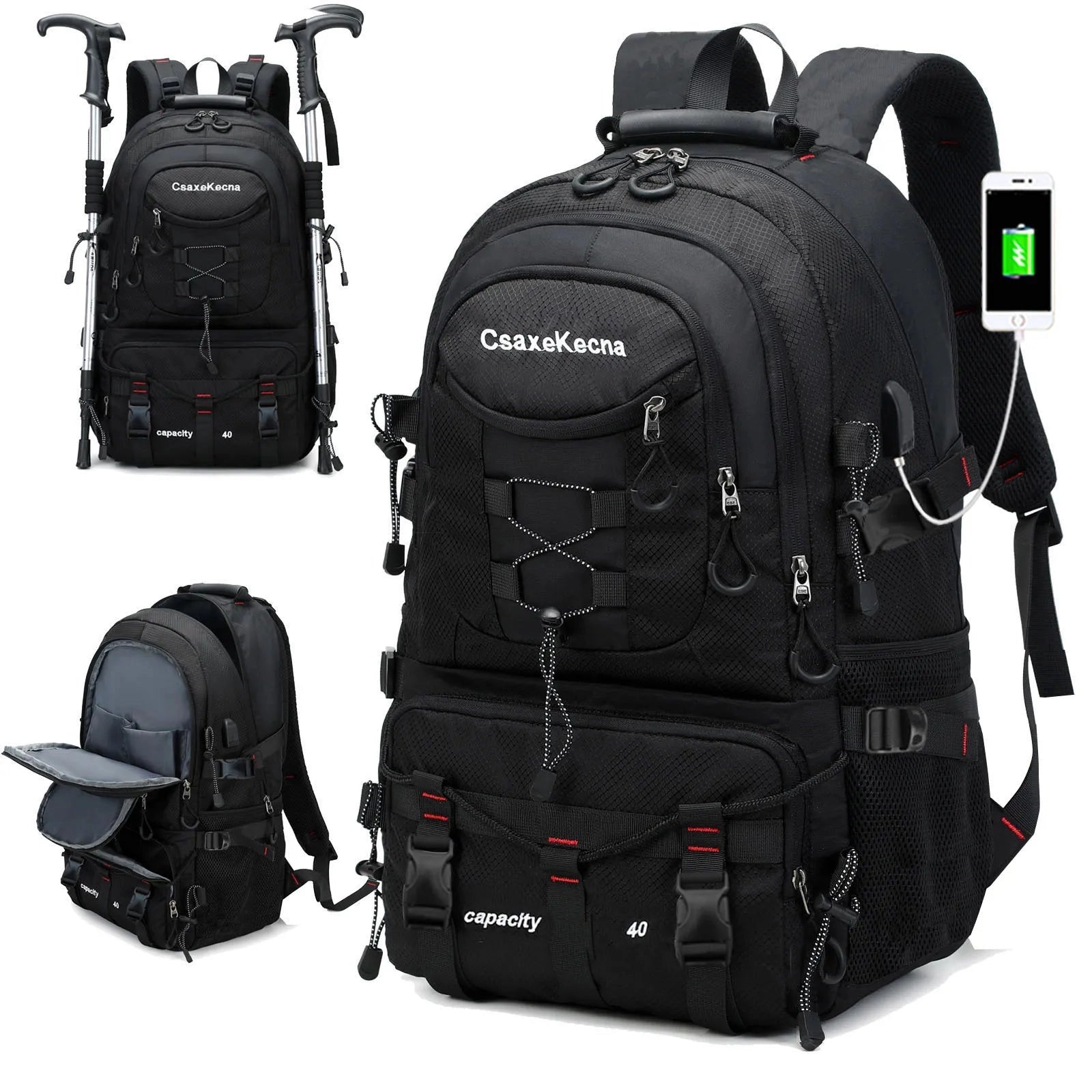 USB Charging 40L Waterproof Tactical Backpack in black and grey tones, designed for outdoor adventures, featuring multiple compartments and durable material.