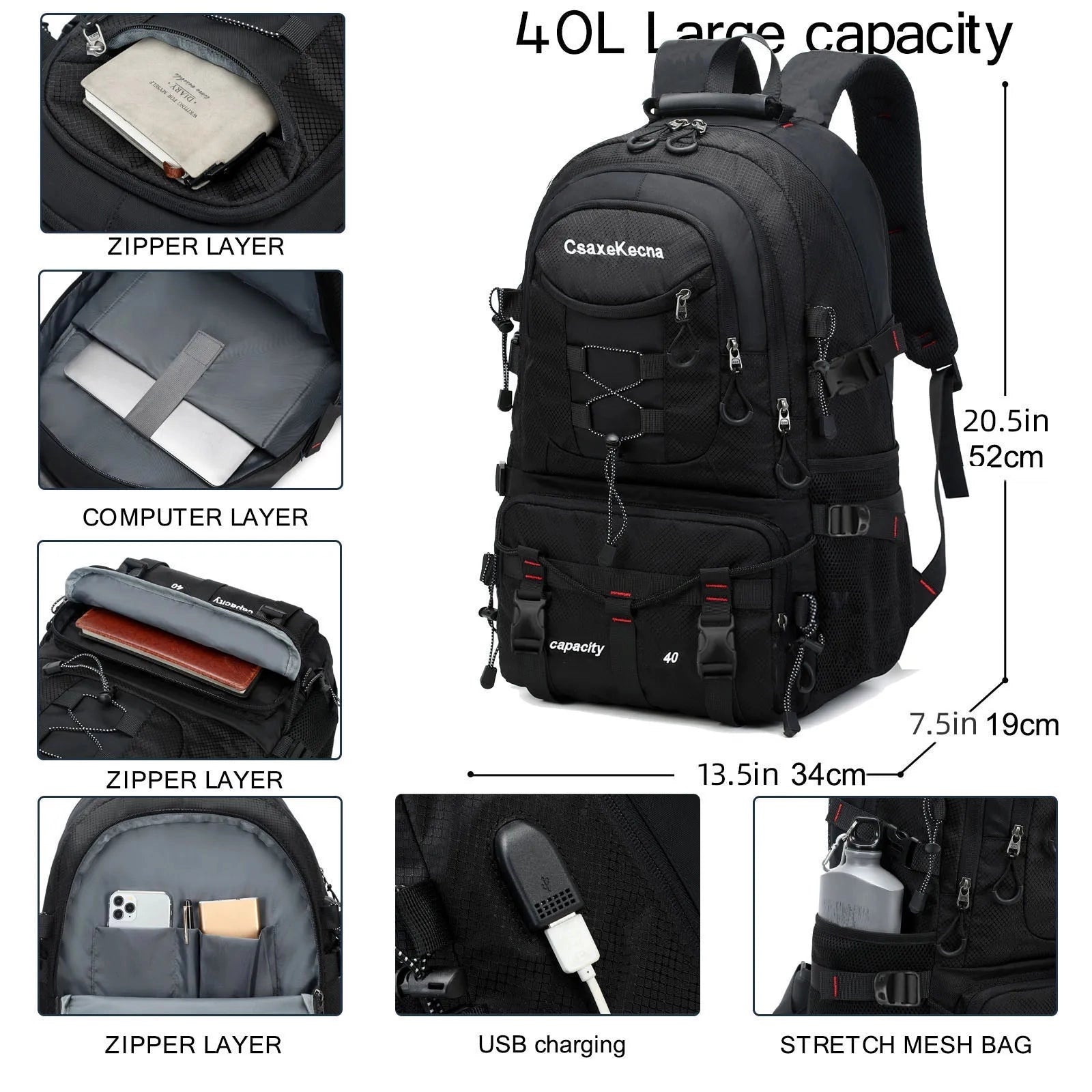 USB Charging 40L Waterproof Tactical Backpack for Outdoor Adventures, featuring multiple compartments and sturdy design, ideal for carrying gear and essentials.