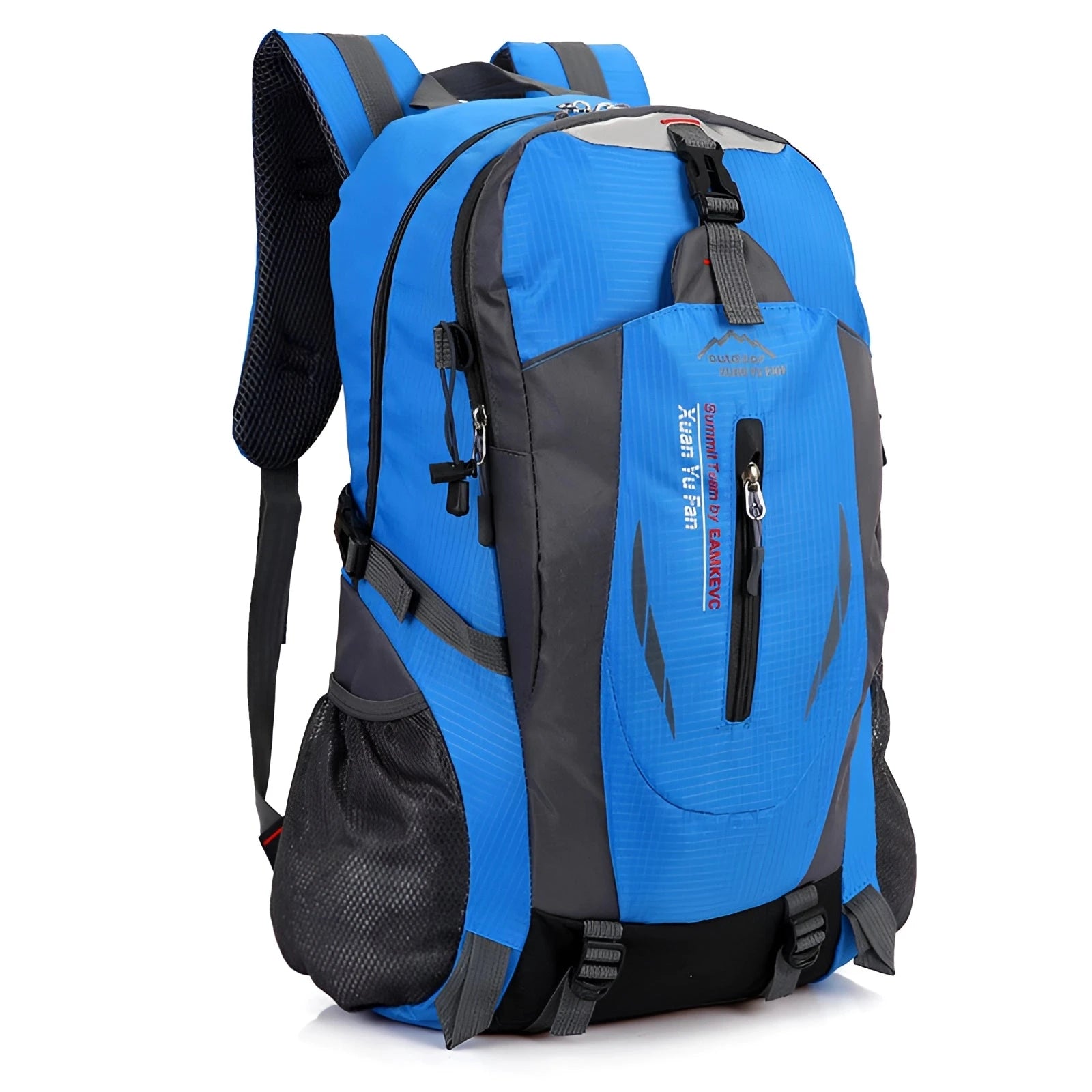 Blue water-resistant hiking backpack with multiple compartments and ergonomic design.