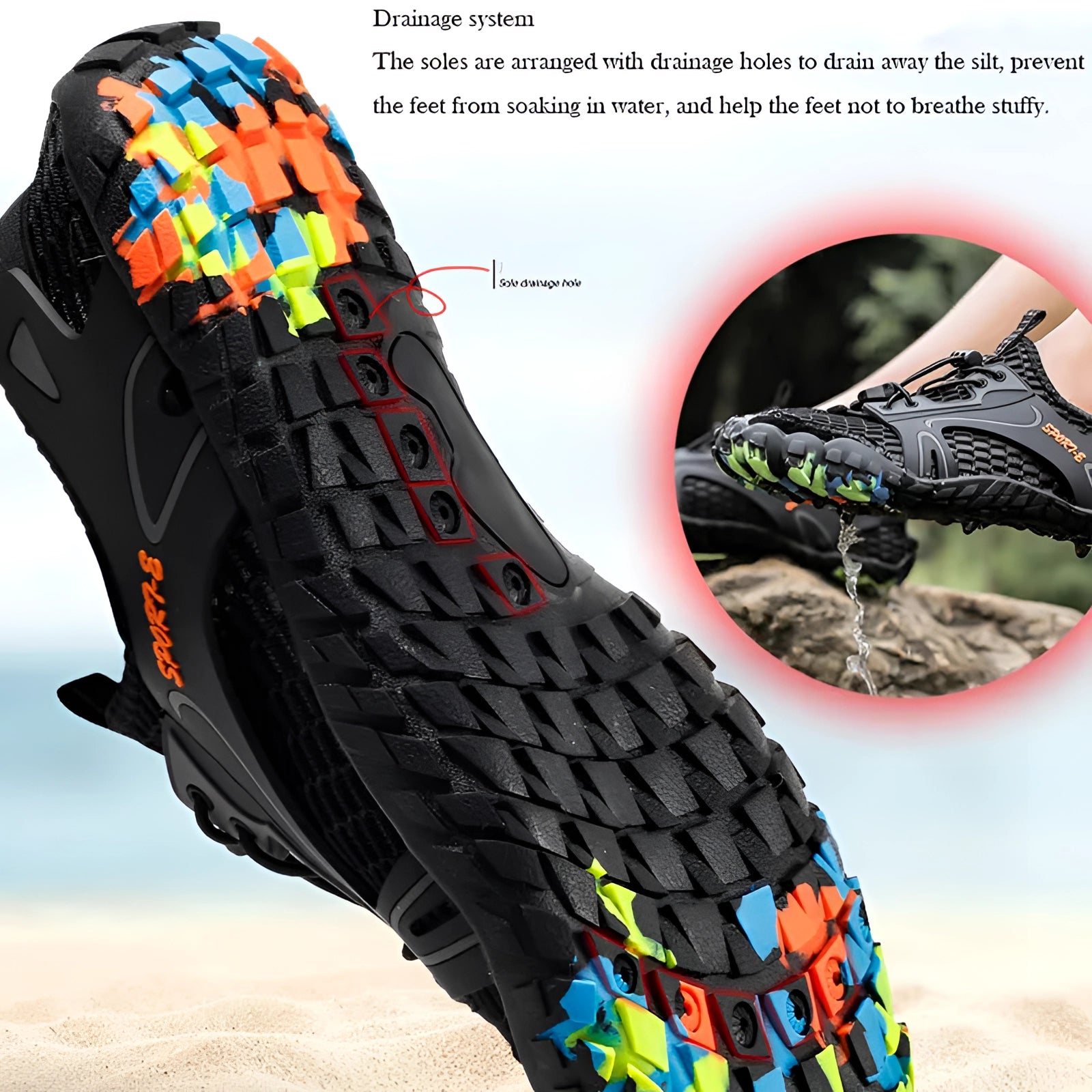 Water-resistant hiking sneakers featuring a non-slip tread design, ideal for outdoor trails and walking, made from durable synthetic rubber with quick-dry properties.