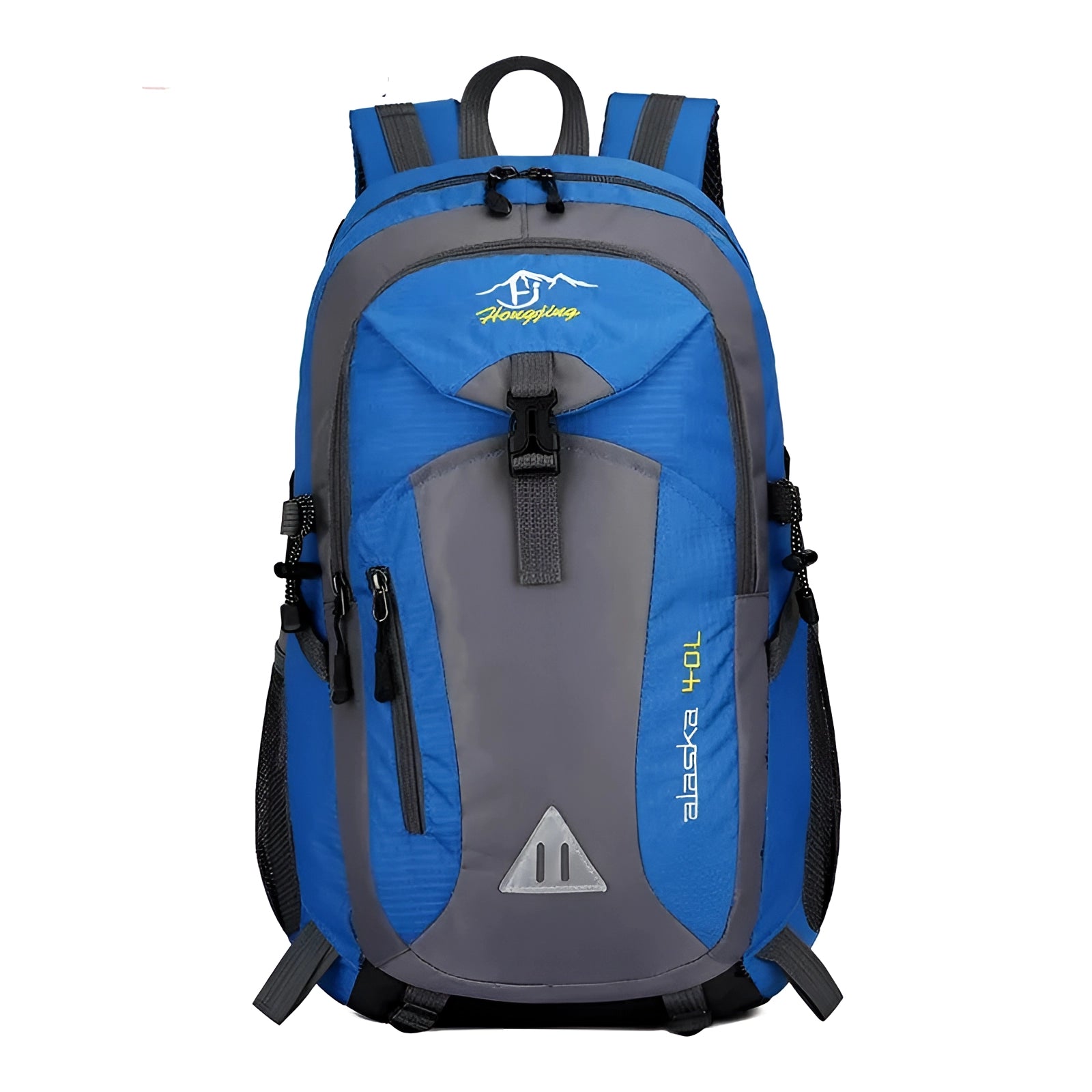 A SKY BLUE waterproof 40L hiking backpack, designed for durability and outdoor adventures, showcasing the brand and fashion-forward style.