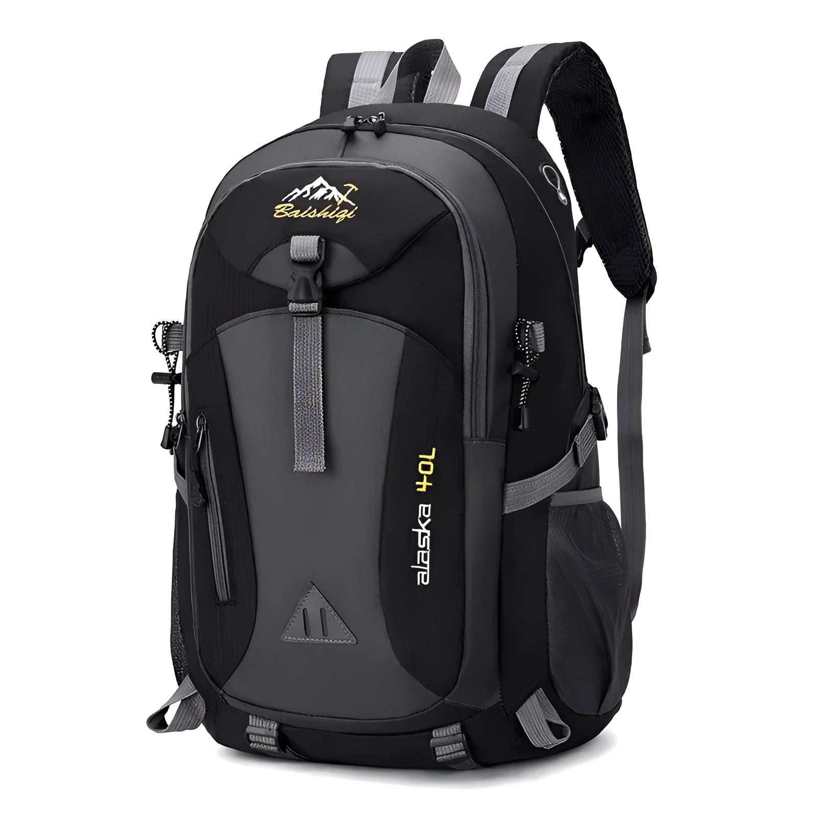 Waterproof 40L black hiking backpack made from durable composite material, ideal for outdoor adventures.