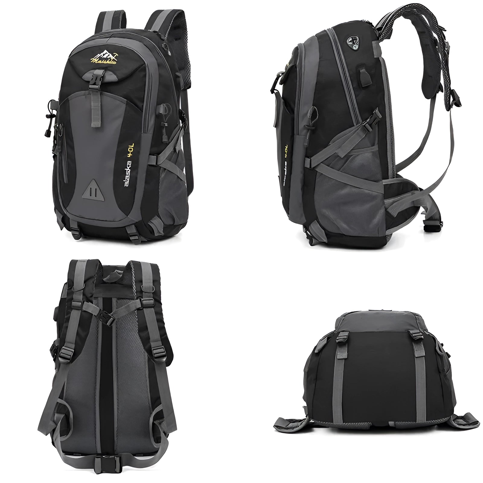 Black waterproof 40L hiking backpack for outdoor adventures, displayed against a white background.