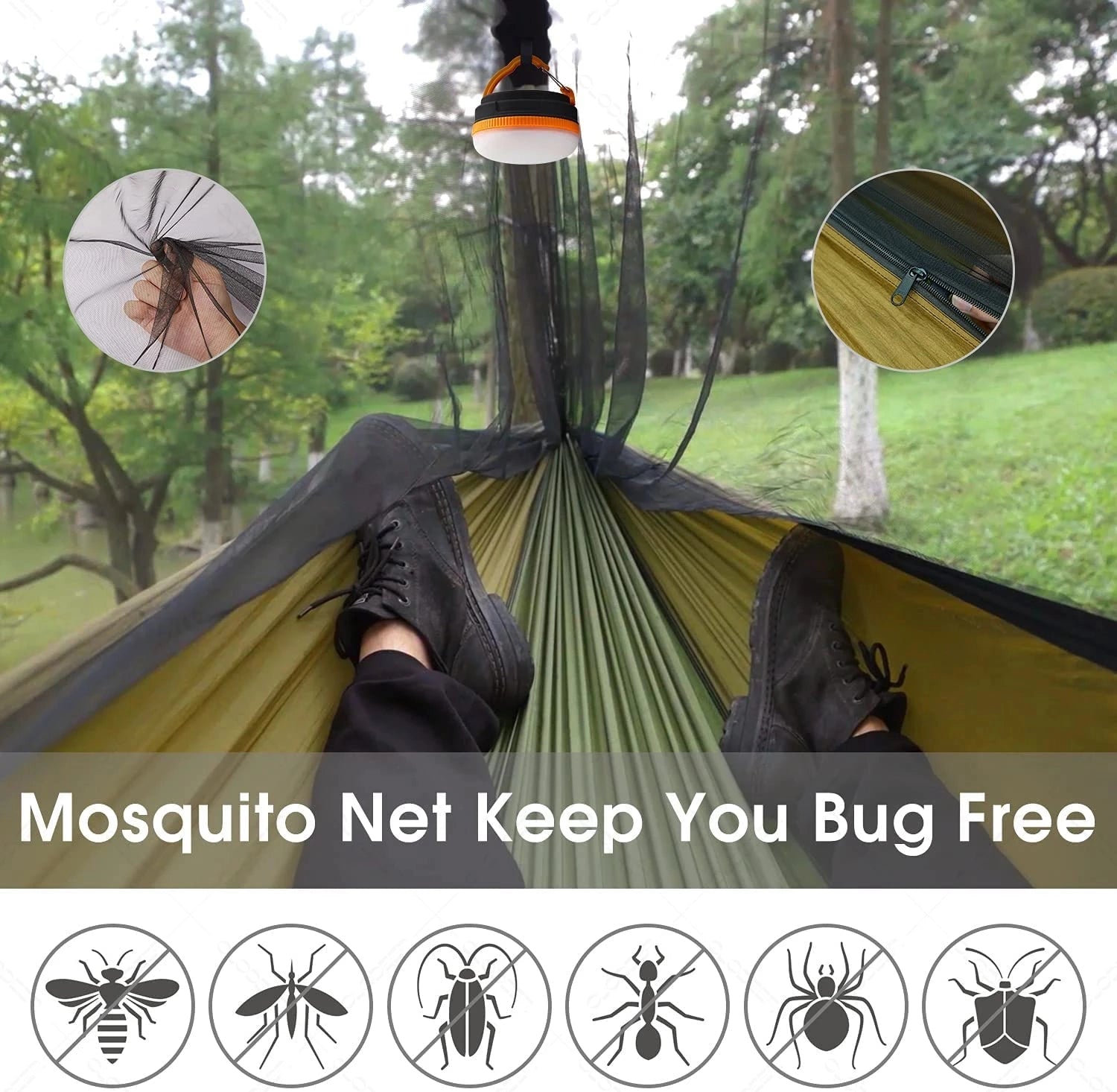 Waterproof camping hammock with mosquito net and rain fly set up between trees in a green natural environment with grass and shade.