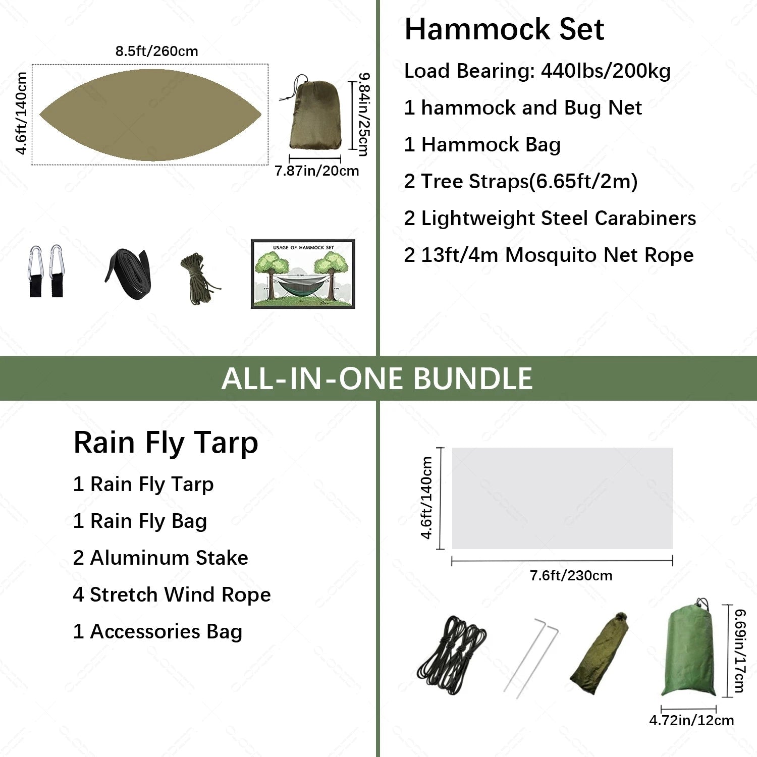 Waterproof camping hammock with attached mosquito net and rain fly, showcasing its lightweight and portable design.