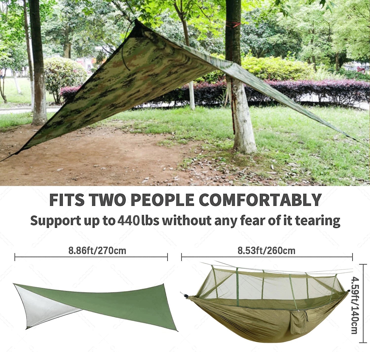 Waterproof camping hammock with mosquito net and rain fly set up in a lush, green forest surrounded by trees and vegetation.