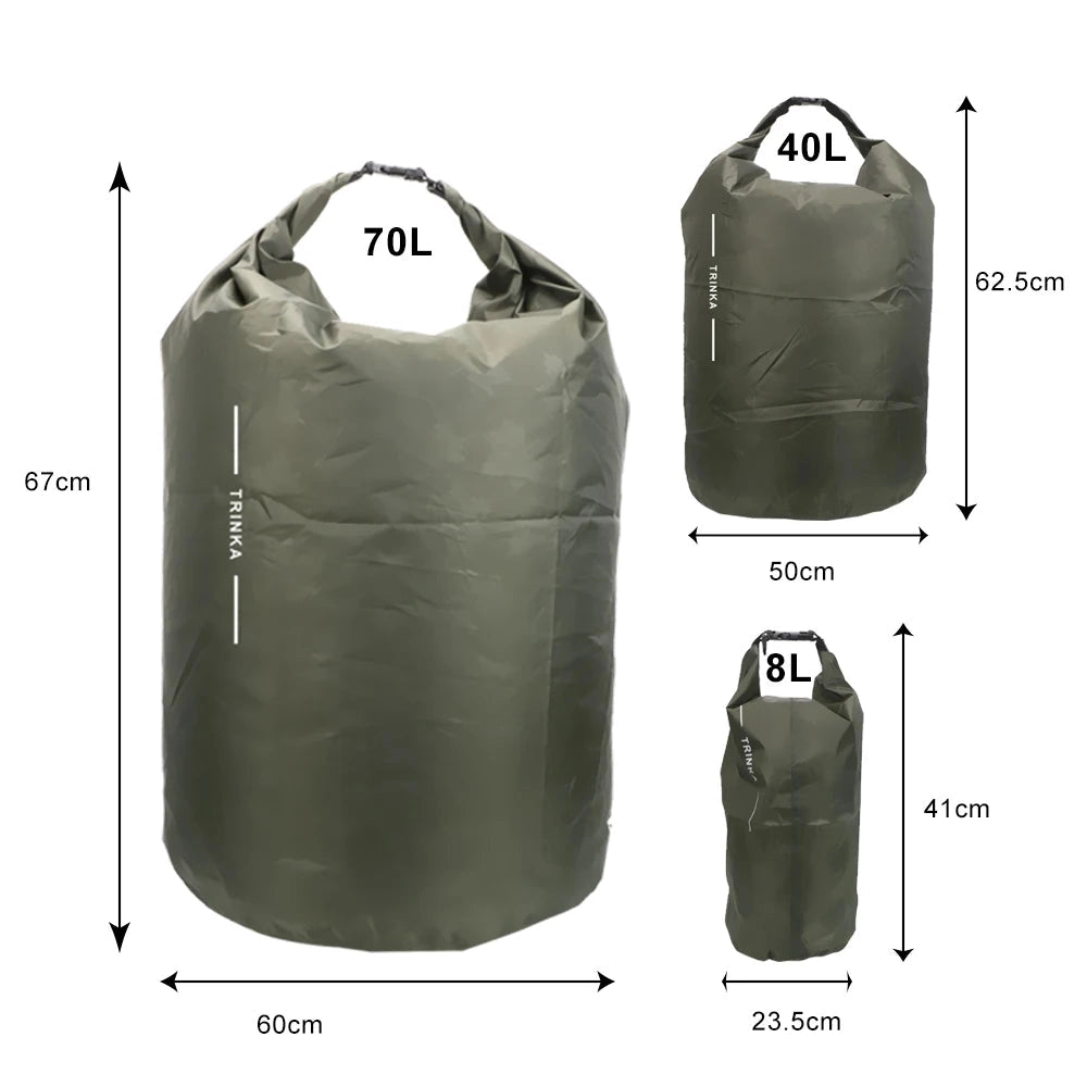 Waterproof dry bag in grey with Trinx branding, designed for kayaking and outdoor activities, made from durable composite material.