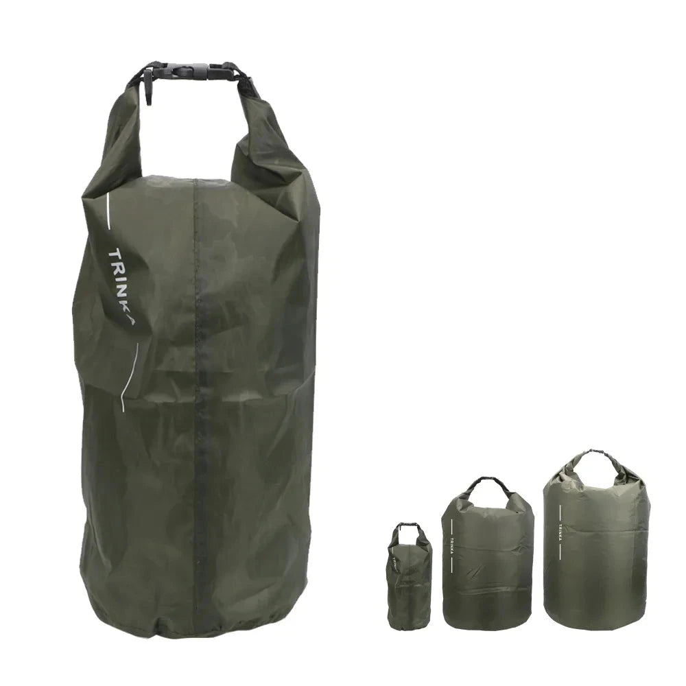 Waterproof dry bag by Trinx, durable outdoor gear, suitable for kayaking, shown in multiple sizes.