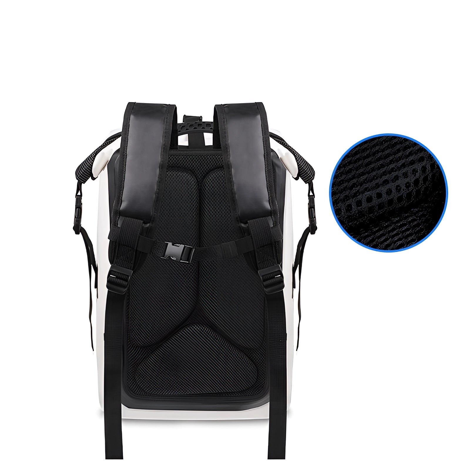 Waterproof hard-shell outdoor adventure backpack in electric blue, featuring a durable design with high-capacity storage, suitable for carrying audio equipment and other essentials during rugged activities.