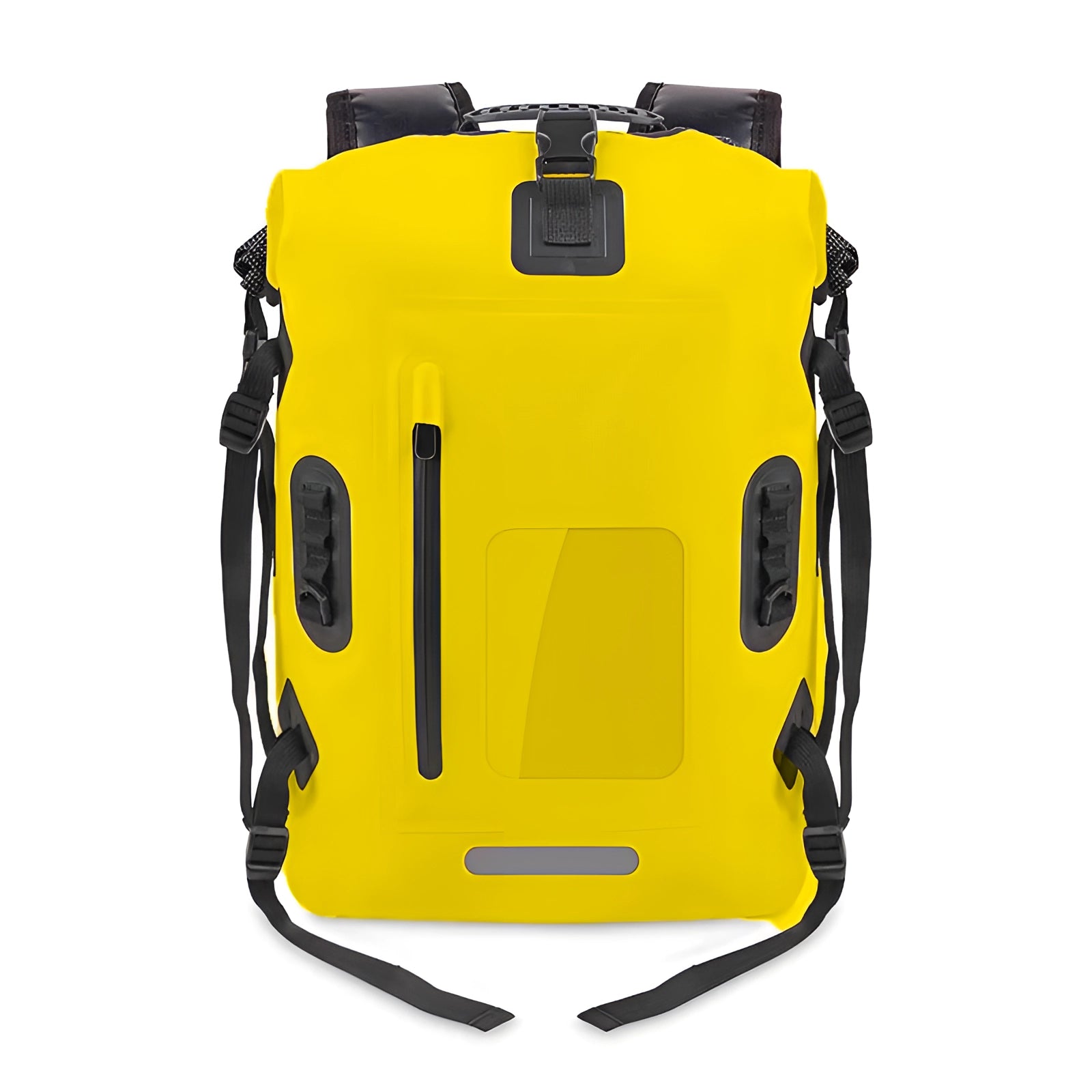 Yellow waterproof hard-shell outdoor adventure backpack with durable design and high-capacity, featuring a sleek rectangular shape suitable for rugged activities and travel.