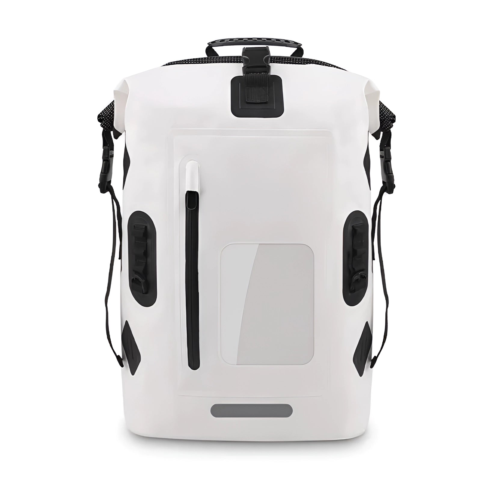 Waterproof white hard-shell outdoor adventure backpack with a durable design and high-capacity storage.