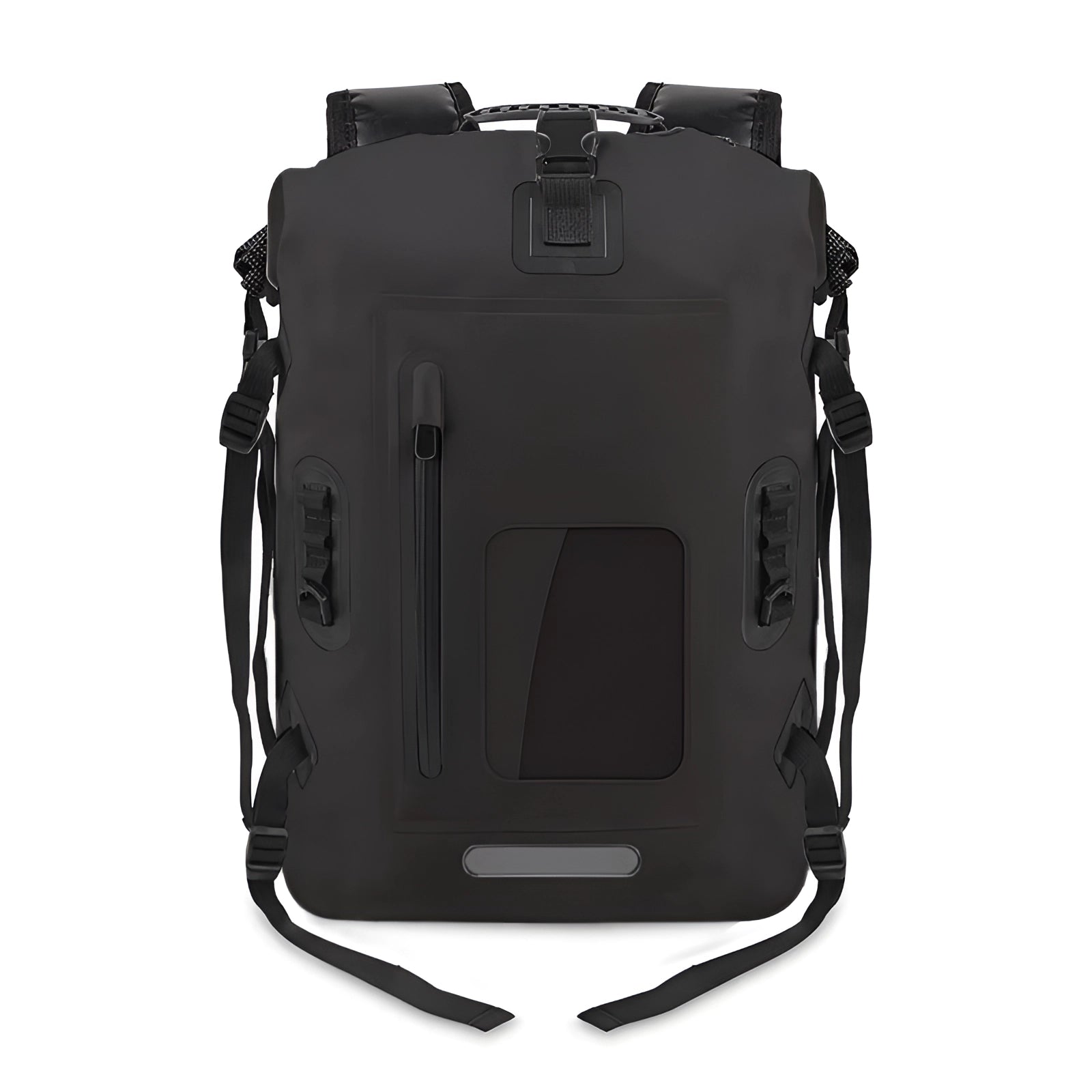 Black waterproof hard-shell outdoor adventure backpack with durable construction, high-capacity design, and adjustable straps.