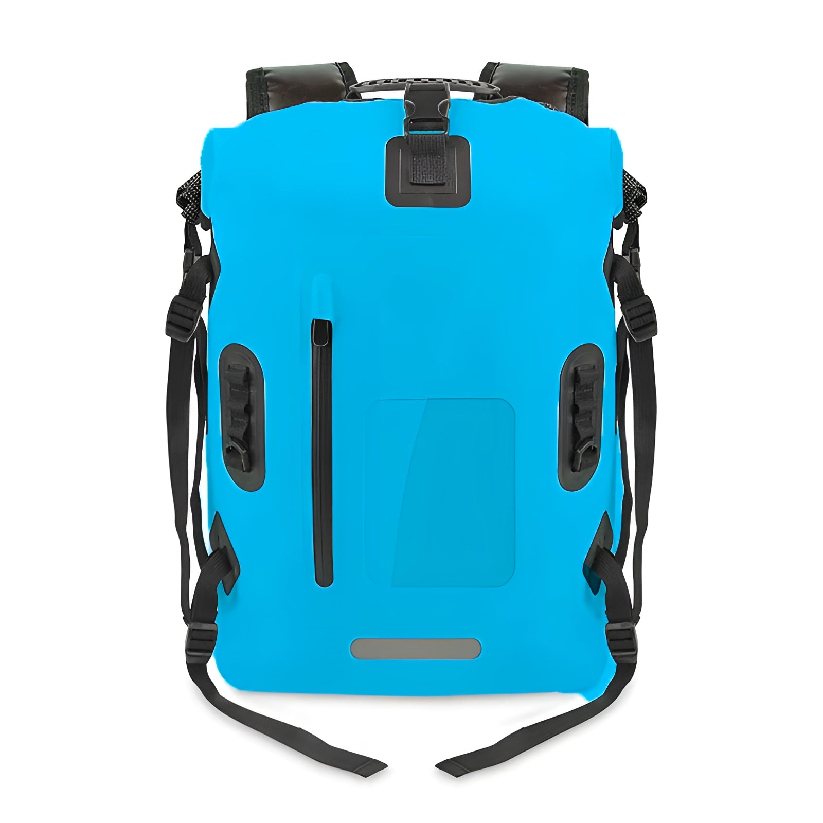 Blue waterproof hard-shell outdoor adventure backpack with a durable and high-capacity design.