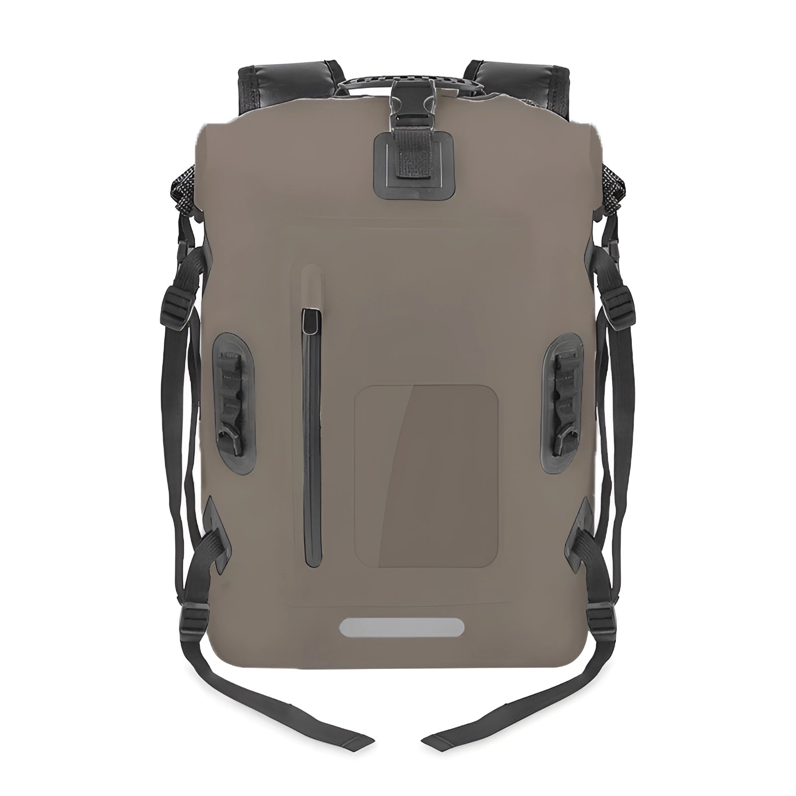 Durable coffee-colored waterproof hard-shell outdoor adventure backpack with high capacity, featuring a sleek design and sturdy construction.