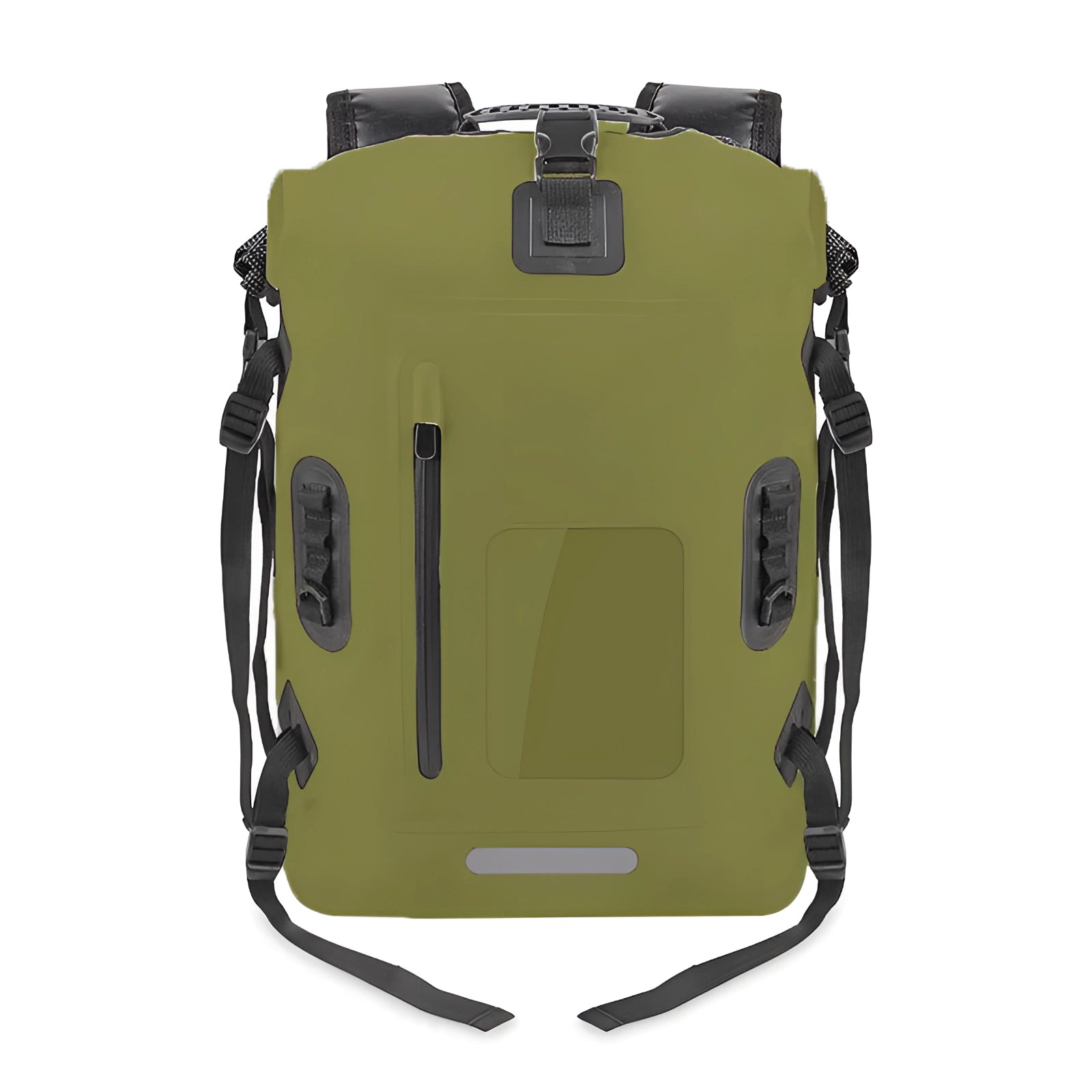 Waterproof hard-shell outdoor adventure backpack in army green with durable straps and high-capacity design, featuring a sleek rectangular shape suitable for carrying camera and other accessories.