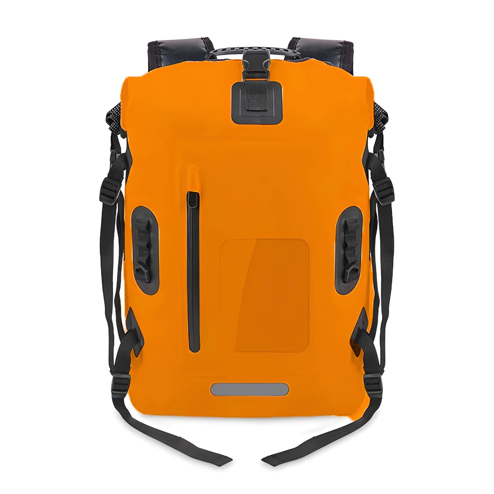 Orange waterproof hard-shell outdoor adventure backpack with a durable, high-capacity design, featuring a rectangular shape.