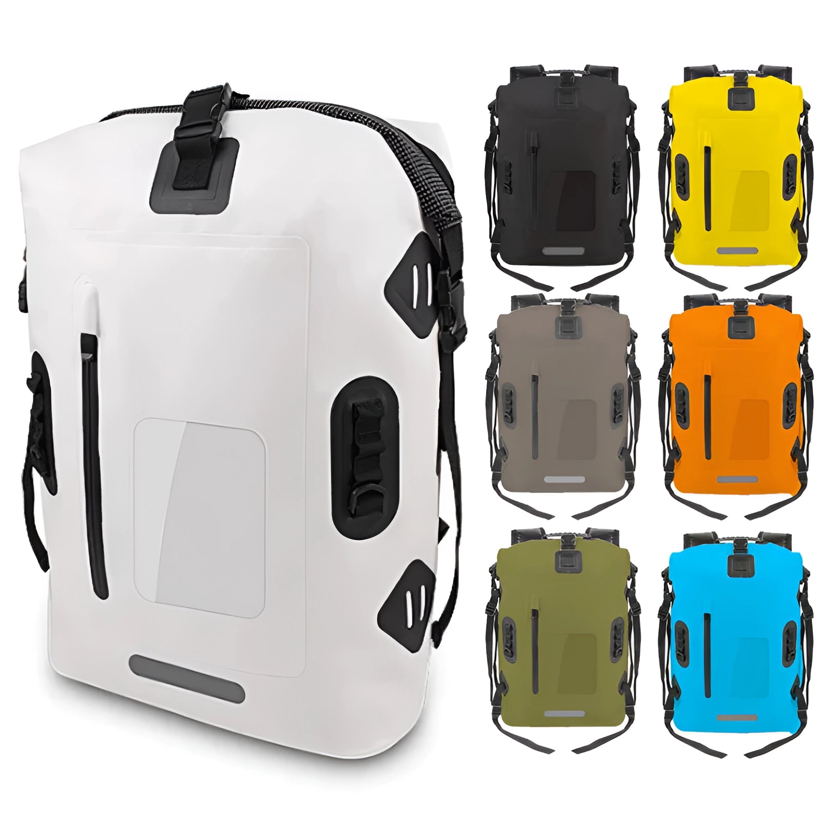 Waterproof hard-shell outdoor adventure backpack, designed for durability and high-capacity storage, showcased with a sleek, rugged exterior suitable for demanding environments.