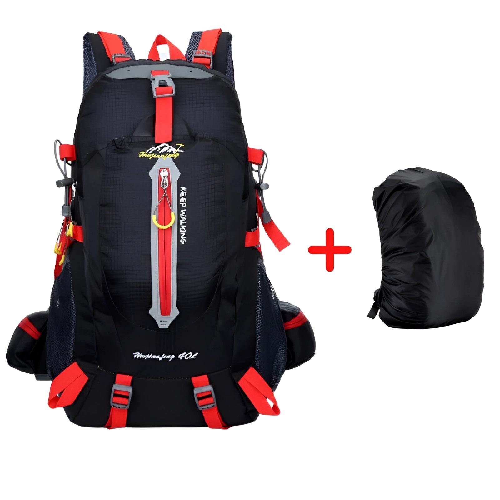 Waterproof hiking backpack with rain cover and ventilated back panel, designed for outdoor activities.