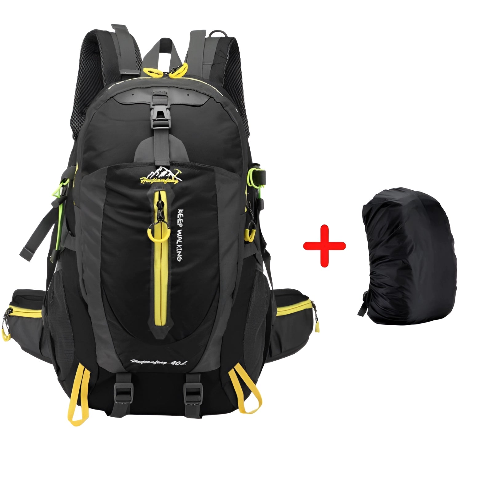 Black waterproof hiking backpack with rain cover and ventilated back panel, 30-40L capacity, positioned against a white background.