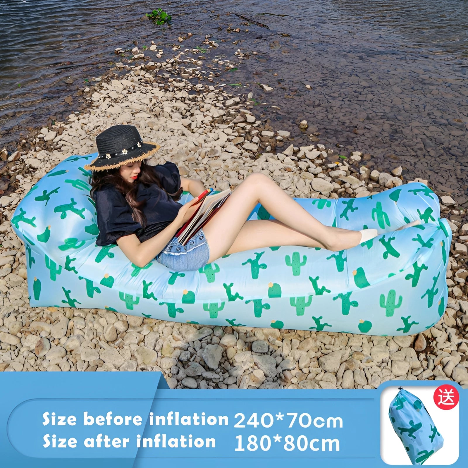 People relaxing on a grass field with a waterproof outdoor inflatable sofa, wearing hats and sunglasses, enjoying leisure time in nature.