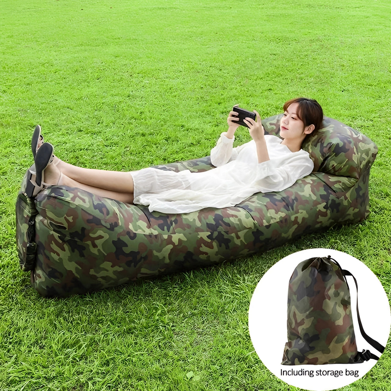 Waterproof outdoor inflatable sofa in camo pattern set on a grassy lawn with people in nature enjoying leisure and recreation.