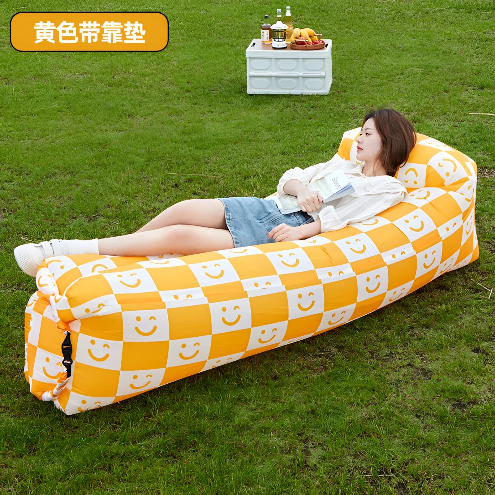 Waterproof Outdoor Inflatable Sofa on grass, showcasing portable and quick-inflate air couch for leisure and recreation.