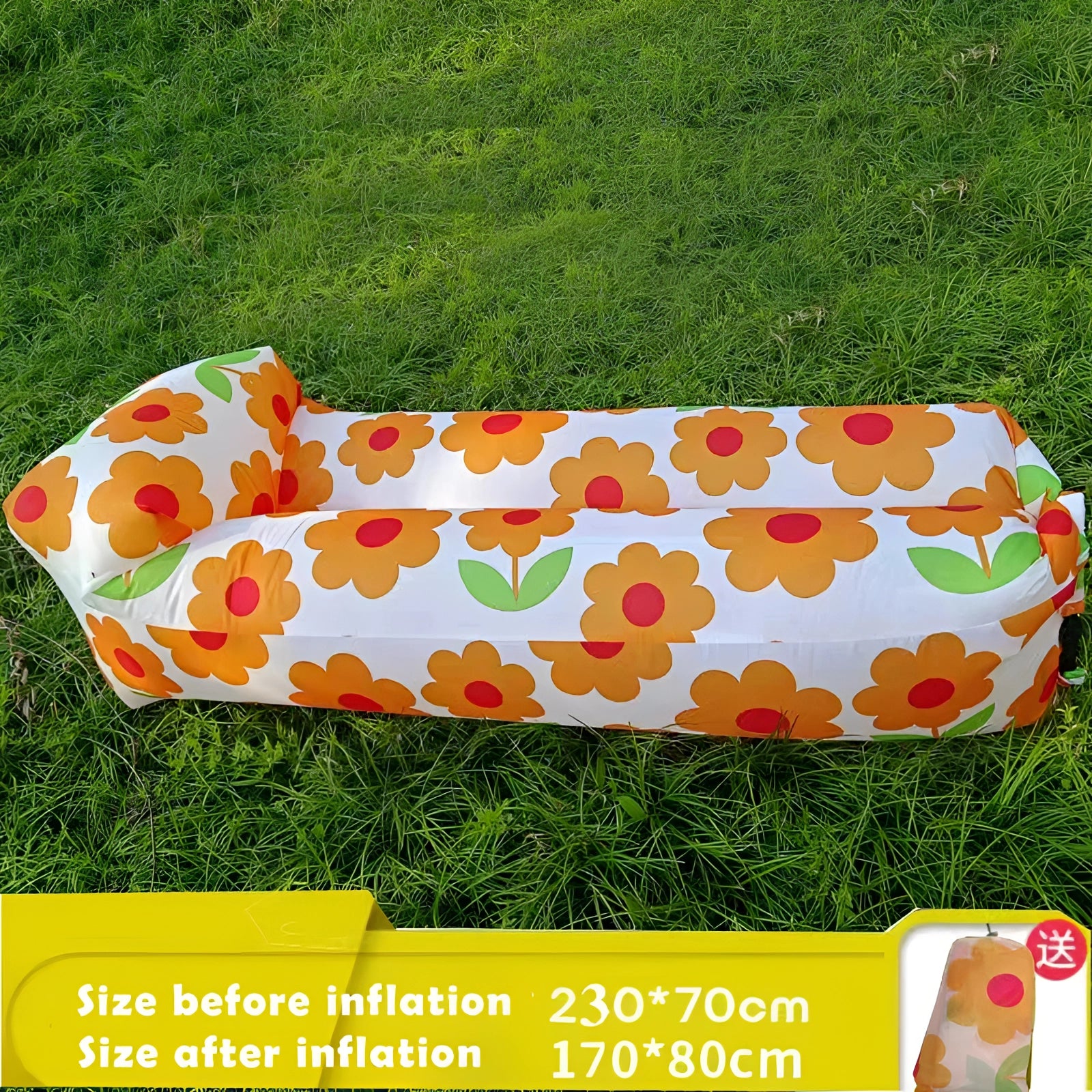 Yellow waterproof outdoor inflatable sofa on grass, resembling a rectangular air couch with a quick-inflate design.