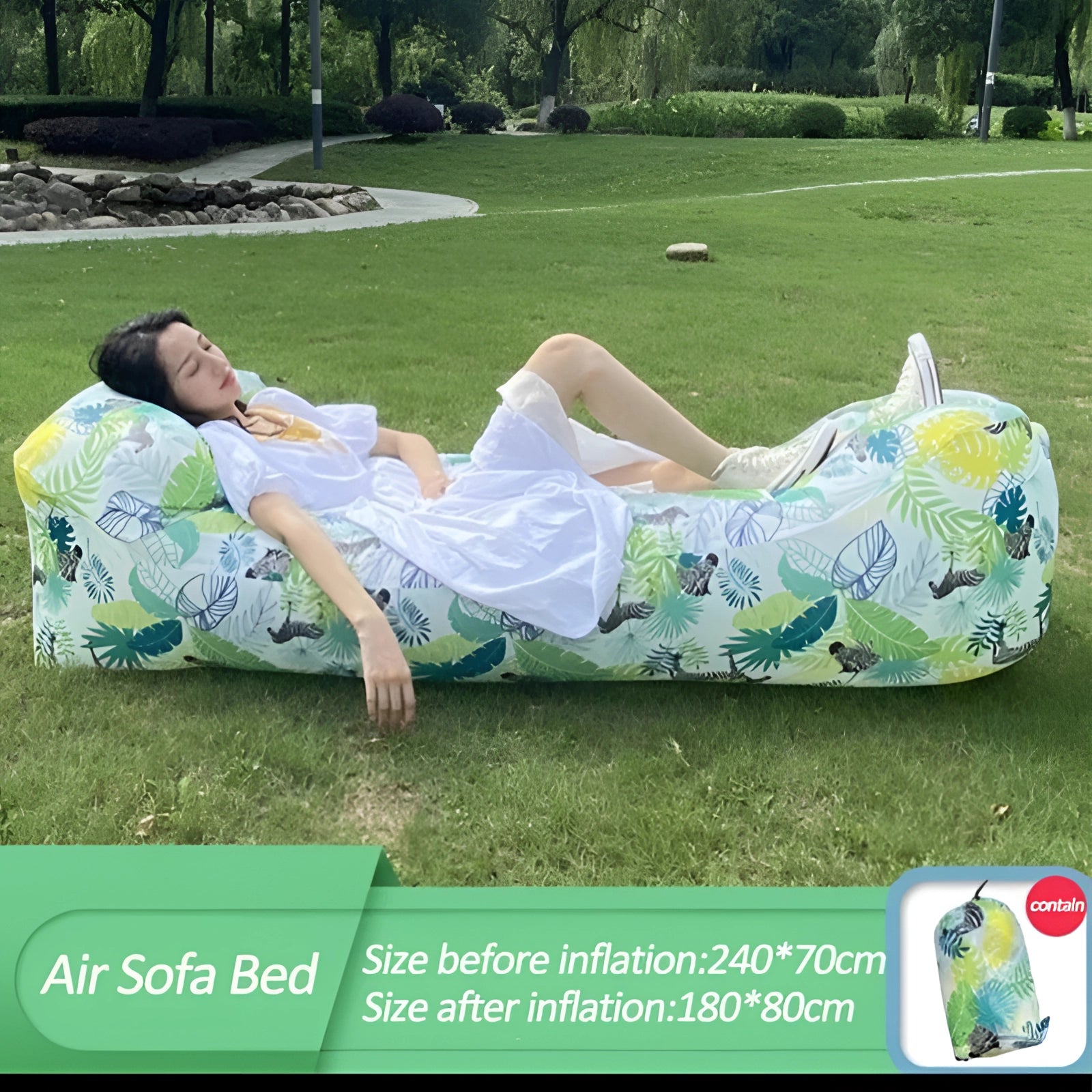 Waterproof outdoor inflatable sofa with leaf design on a grassy lawn, surrounded by people enjoying leisure time in nature.