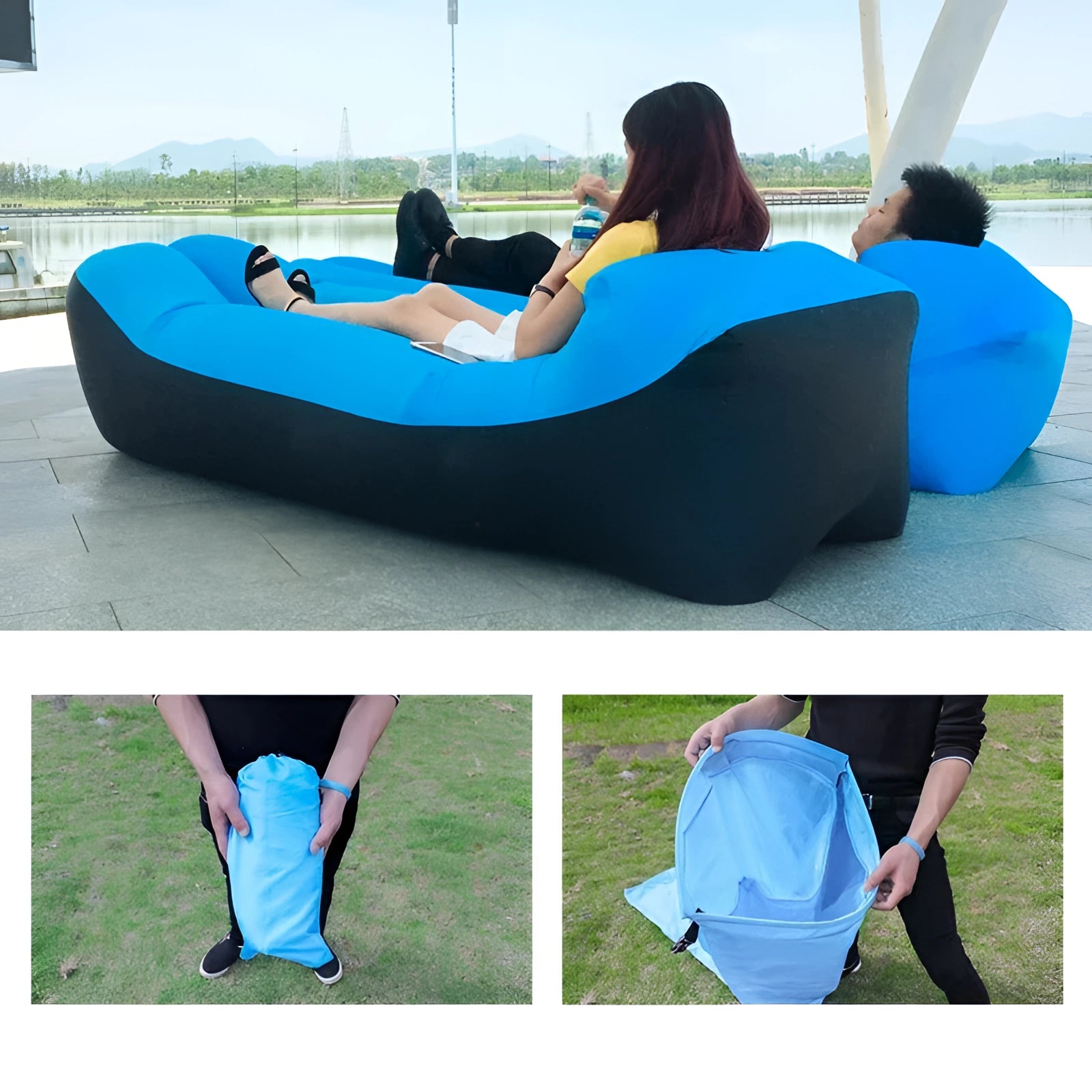 Blue waterproof outdoor inflatable sofa, portable quick-inflate air couch, rectangular shape, designed for comfort and leisure.