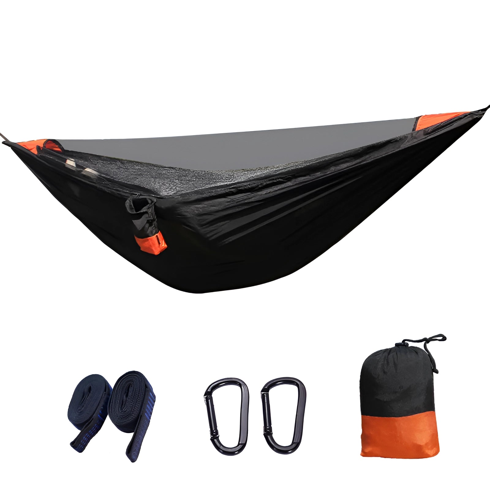 Waterproof Portable Camping Hammock with Carry Bag - Black, displayed outdoors, includes a black hammock and matching black carry bag.