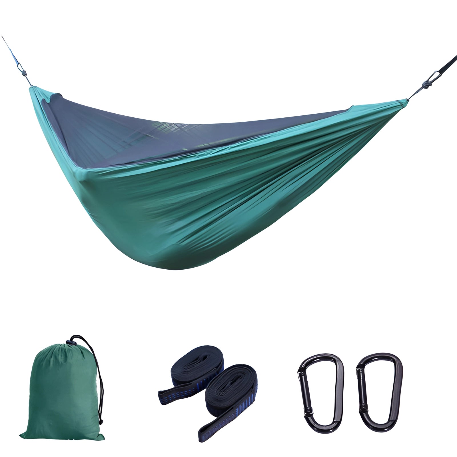 Waterproof portable camping hammock with carry bag in turquoise color, featuring durable fabric and convenient storage pouch.