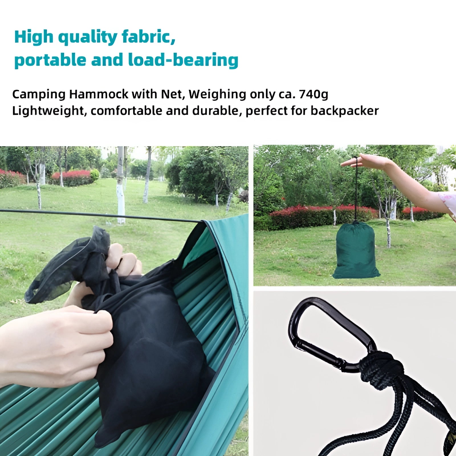 Black waterproof portable camping hammock set up between trees on a green lawn, with a carry bag nearby.