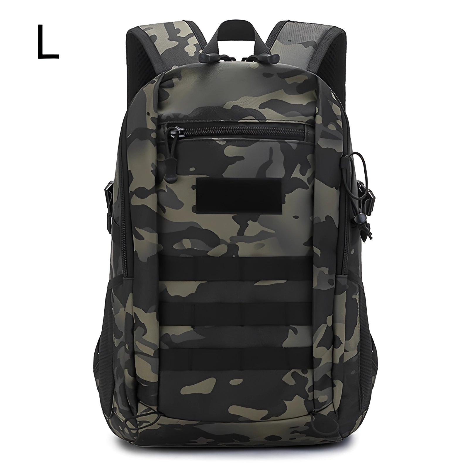 Black tactical backpack with a durable MOLLE system, featuring a military camouflage pattern, suitable for travel and outdoor use.