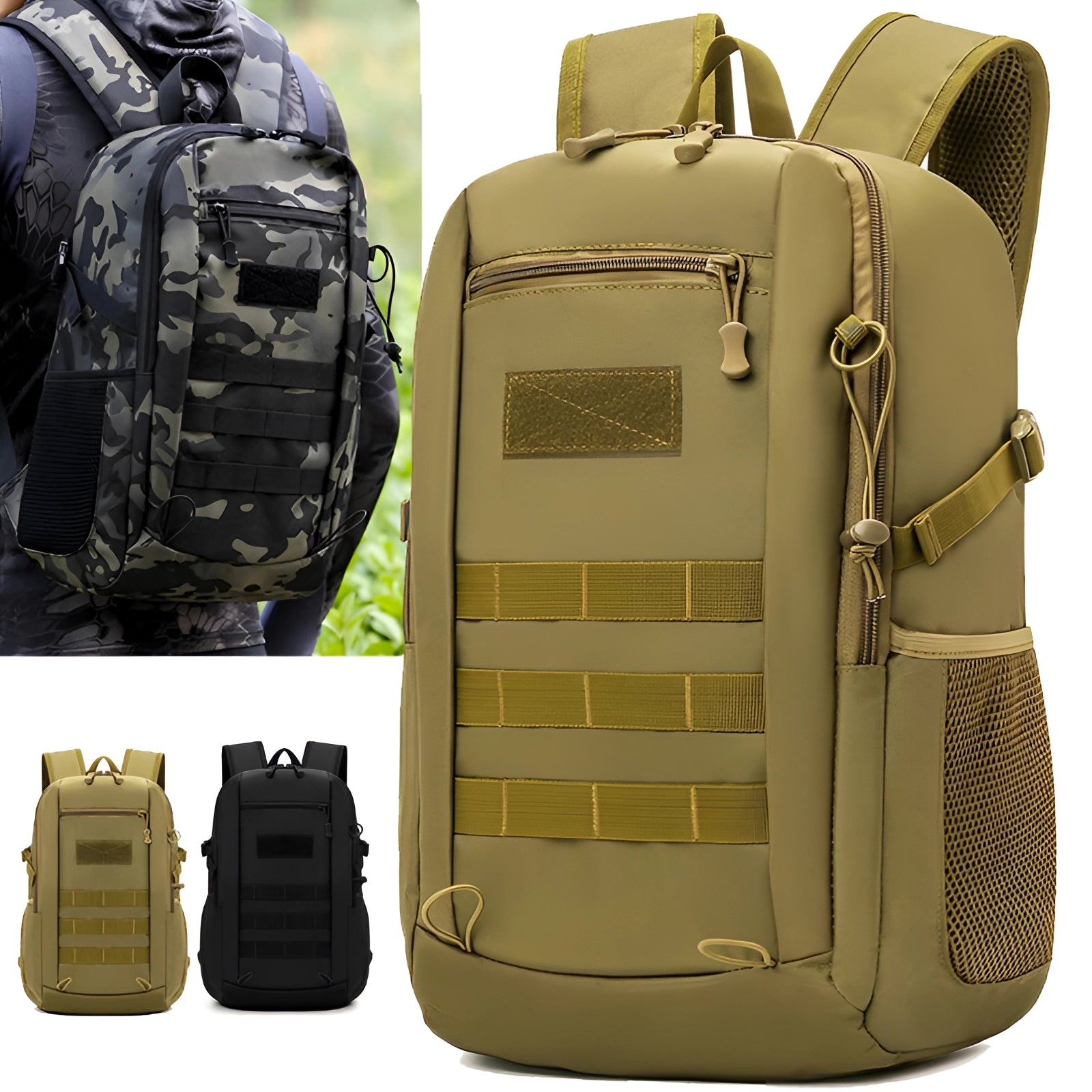 Waterproof tactical backpack featuring a durable MOLLE system, showcasing military-style camouflage with shades of brown, green, and black, suitable for rugged outdoor use.