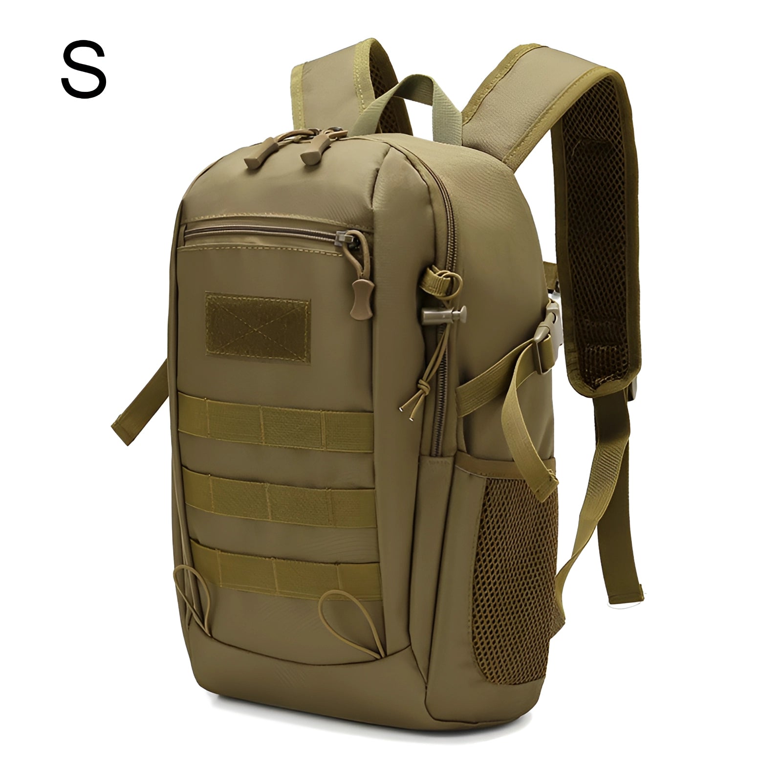 Waterproof khaki tactical backpack featuring a durable MOLLE system designed for military use, suitable for travel.