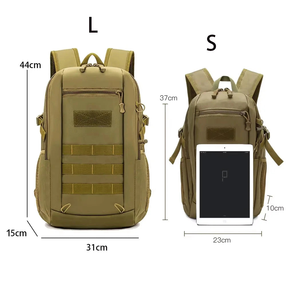 Waterproof tactical backpack with a durable MOLLE system, designed for military use, featuring multiple compartments and straps for carrying various gear and accessories.