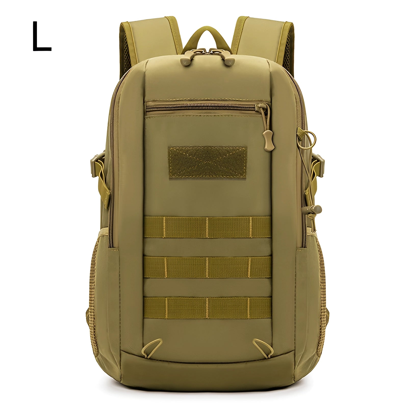 Waterproof tactical backpack in khaki with a durable MOLLE system, suitable for military use, featuring a large main compartment and multiple exterior pockets, designed for outdoor activities.